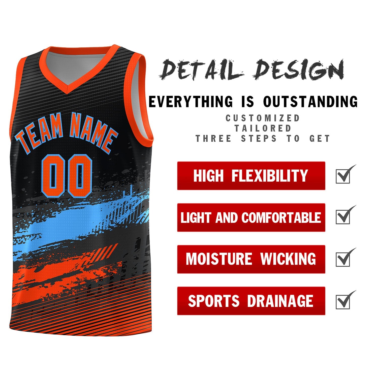 Custom Black Powder Blue and Orange Graffiti Pattern Sports Uniform Basketball Jersey