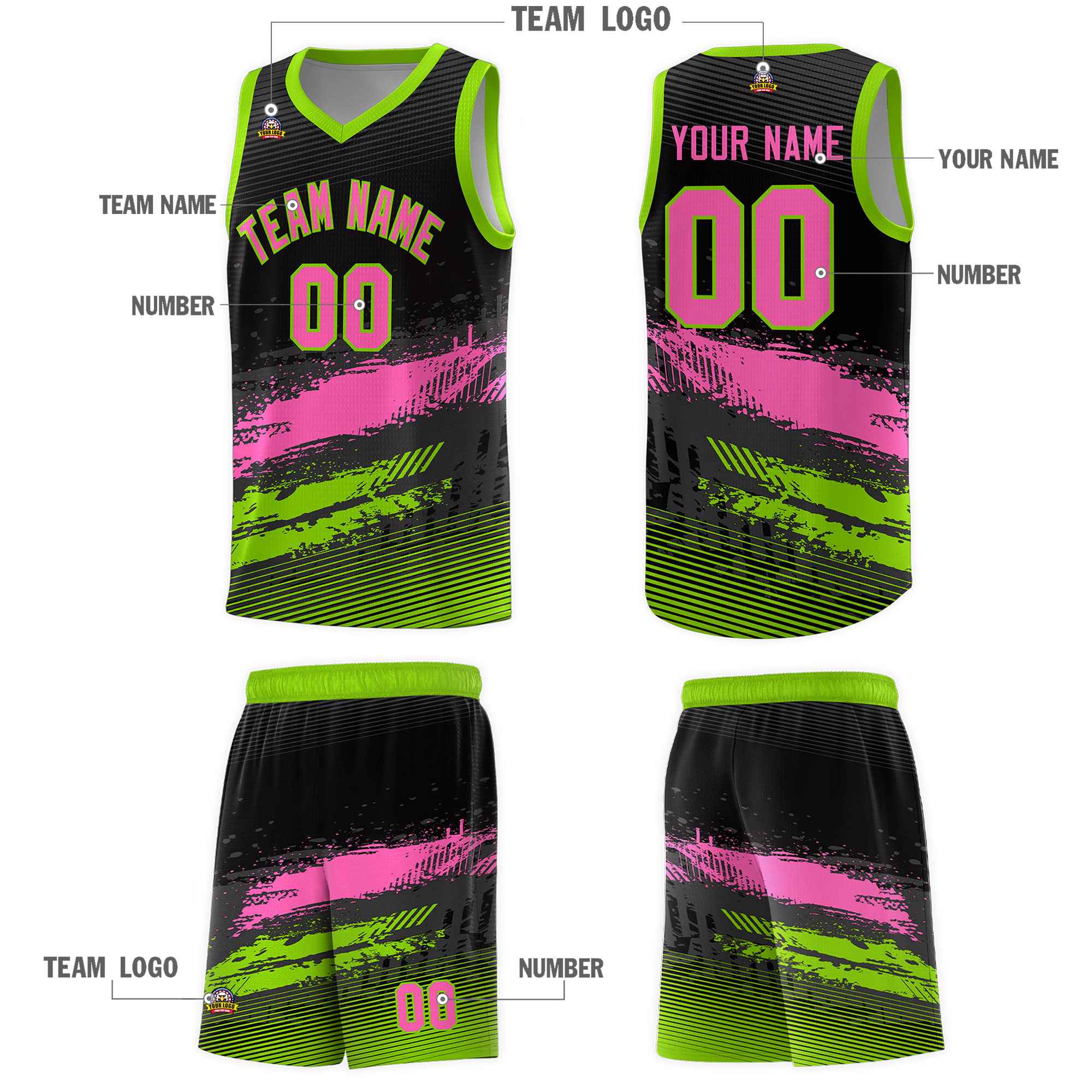 Custom Black Pink and Neon Green Graffiti Pattern Sports Uniform Basketball Jersey