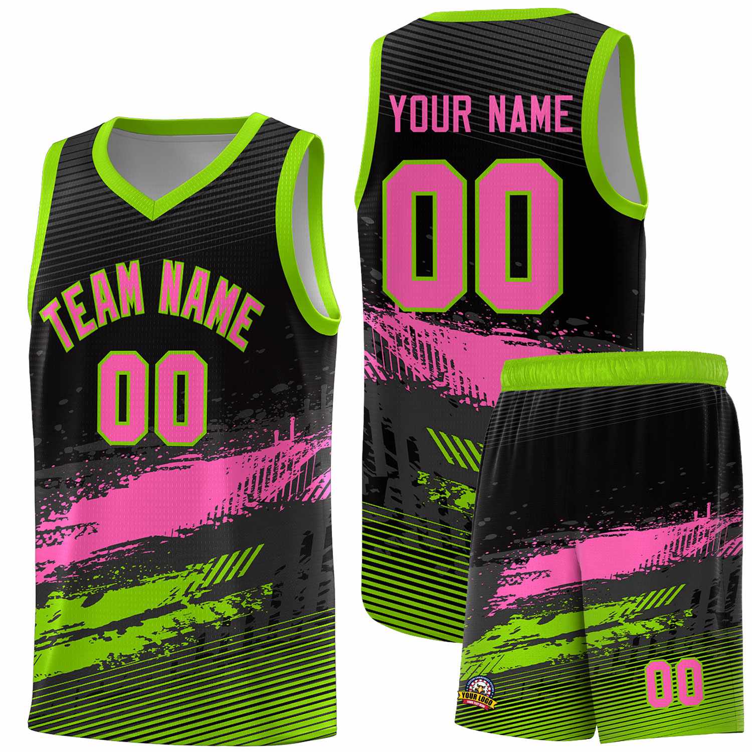 Custom Black Pink and Neon Green Graffiti Pattern Sports Uniform Basketball Jersey