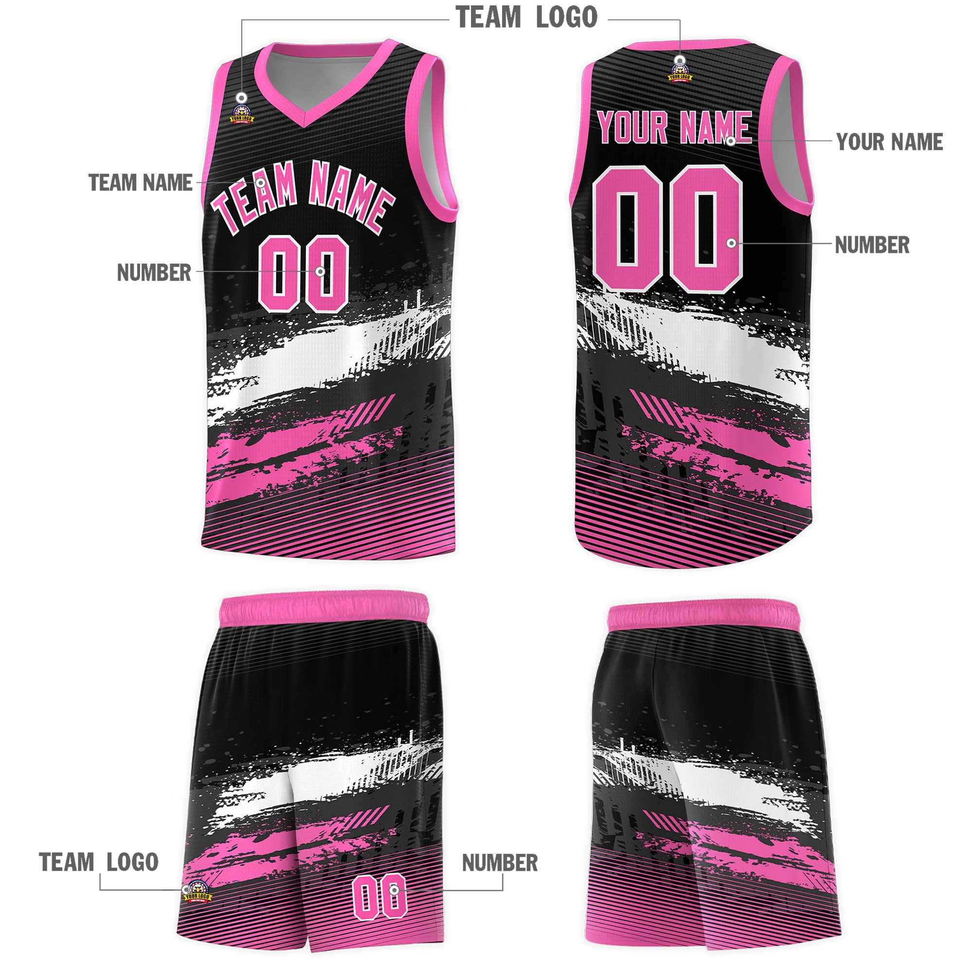 Custom Black White and Pink Graffiti Pattern Sports Uniform Basketball Jersey