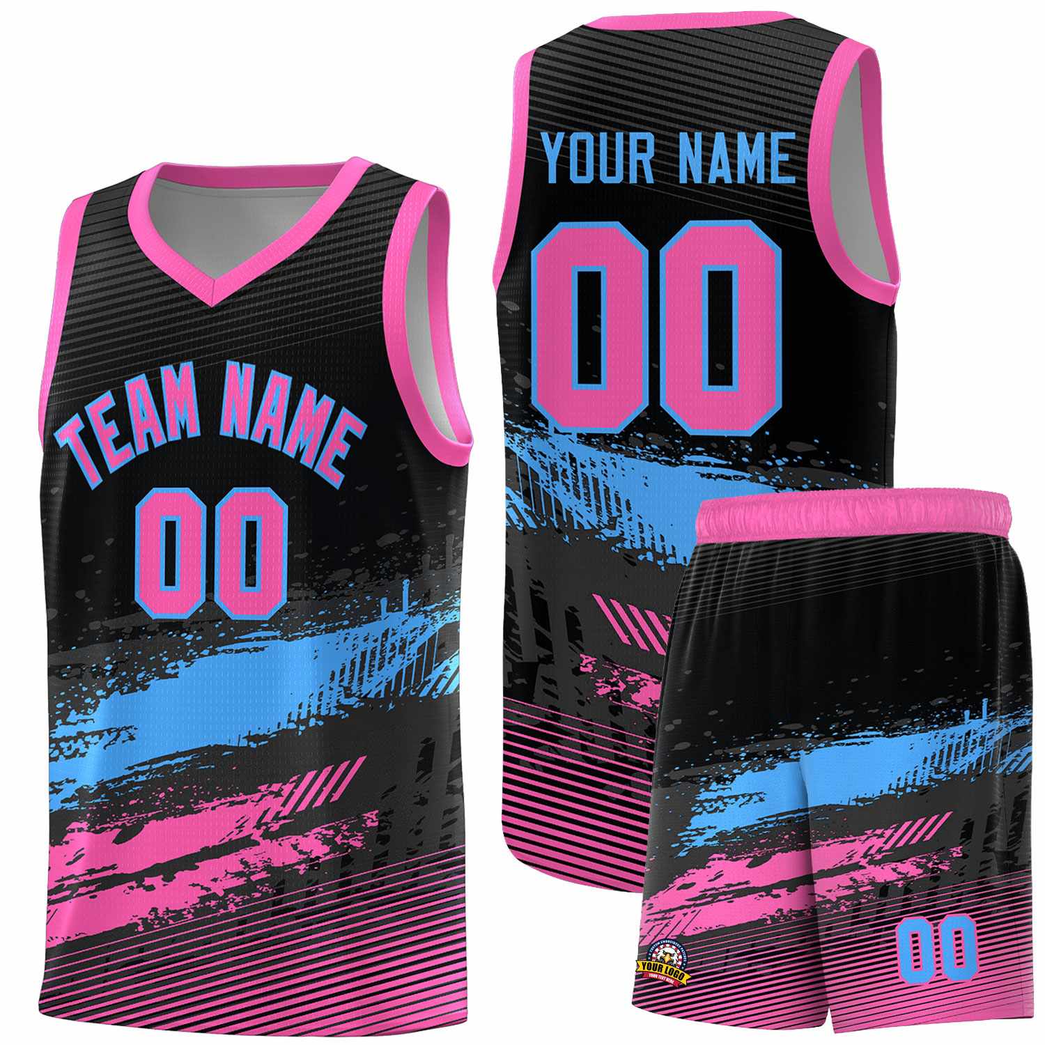 Custom Black Powder Blue and Pink Graffiti Pattern Sports Uniform Basketball Jersey