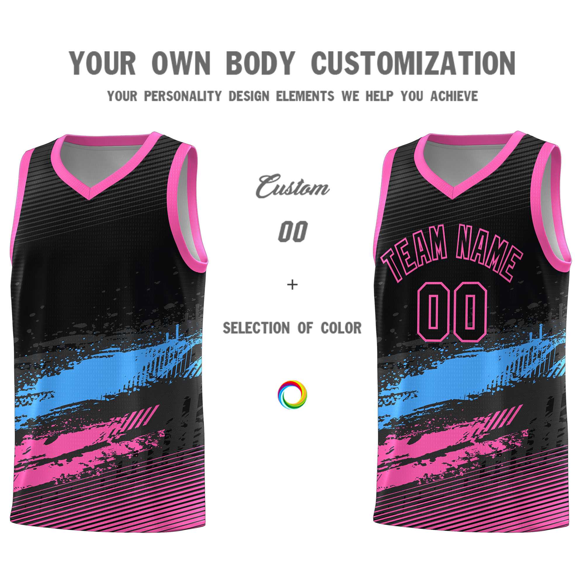 Custom Black Powder Blue and Pink Graffiti Pattern Sports Uniform Basketball Jersey