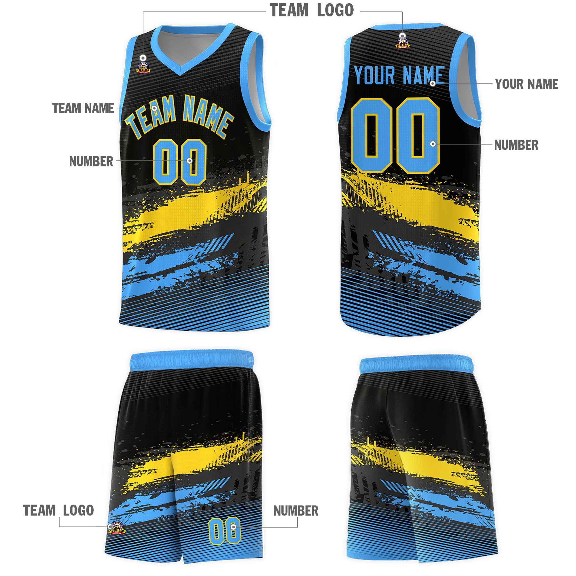 Custom Black Gold and Powder Blue Graffiti Pattern Sports Uniform Basketball Jersey