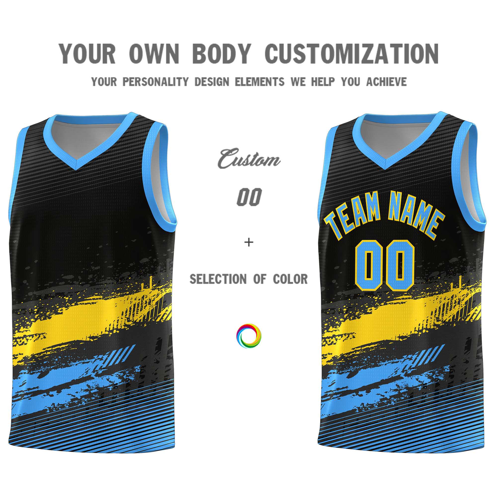 Custom Black Gold and Powder Blue Graffiti Pattern Sports Uniform Basketball Jersey