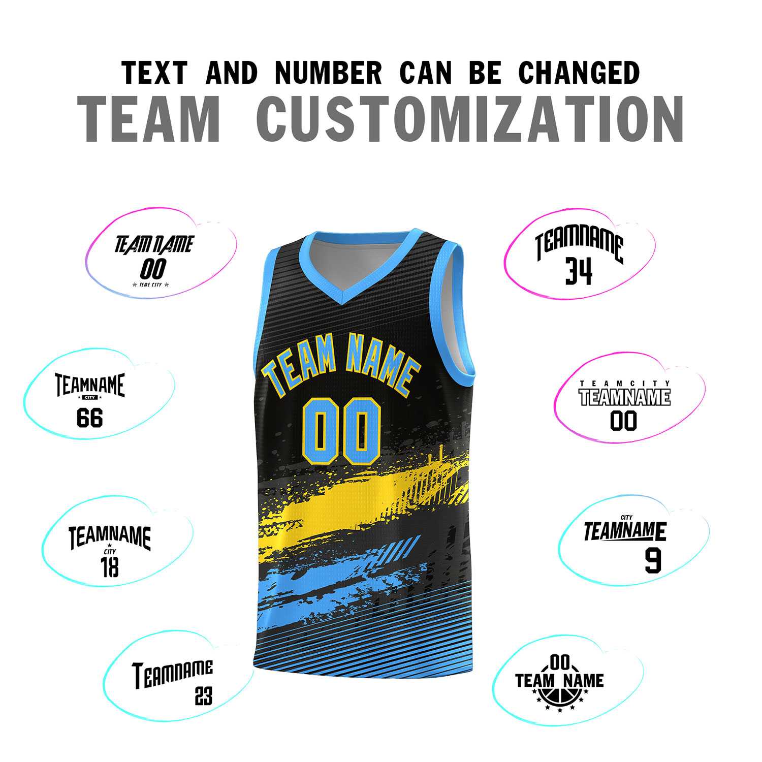 Custom Black Gold and Powder Blue Graffiti Pattern Sports Uniform Basketball Jersey