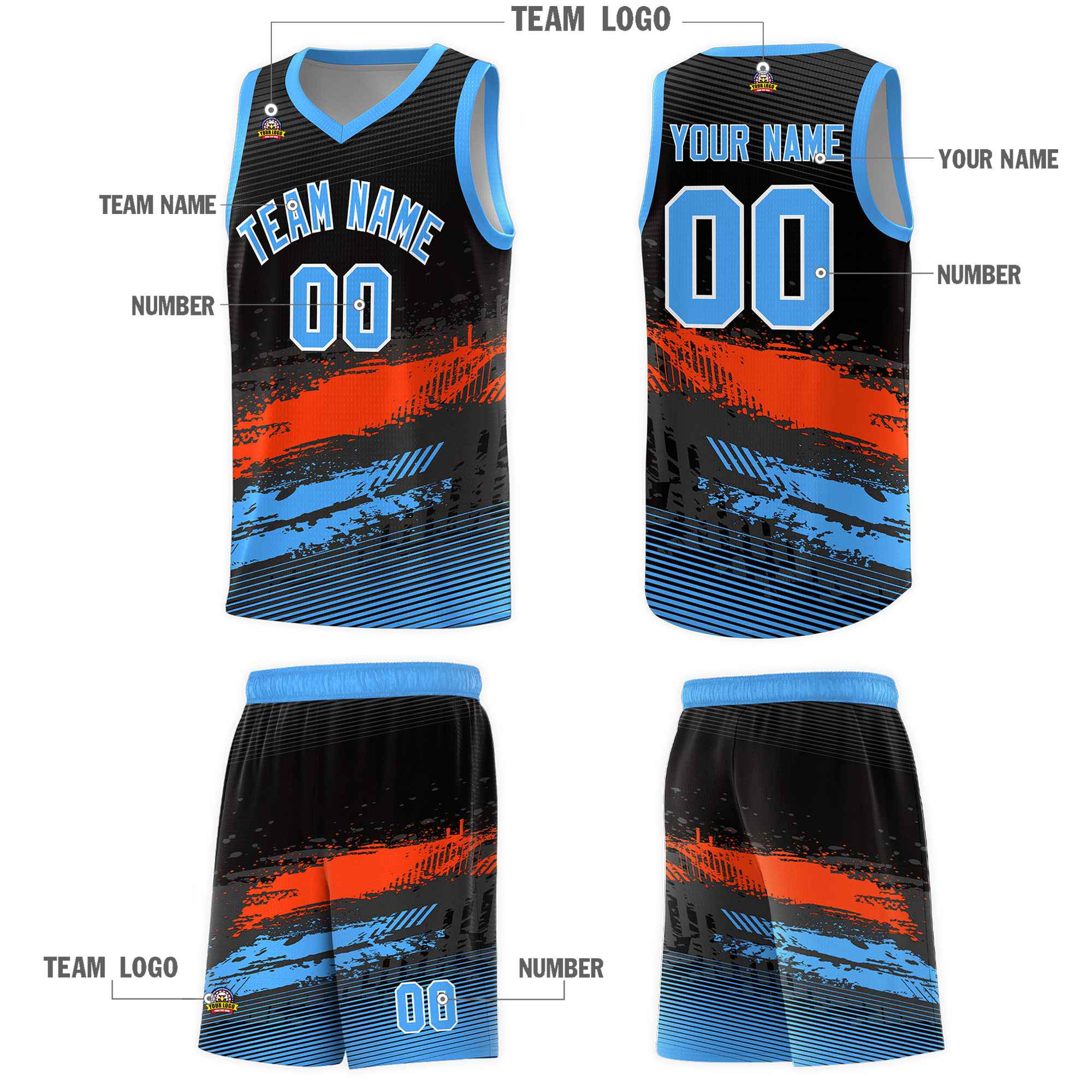 Custom Black Orange and Powder Blue Graffiti Pattern Sports Uniform Basketball Jersey