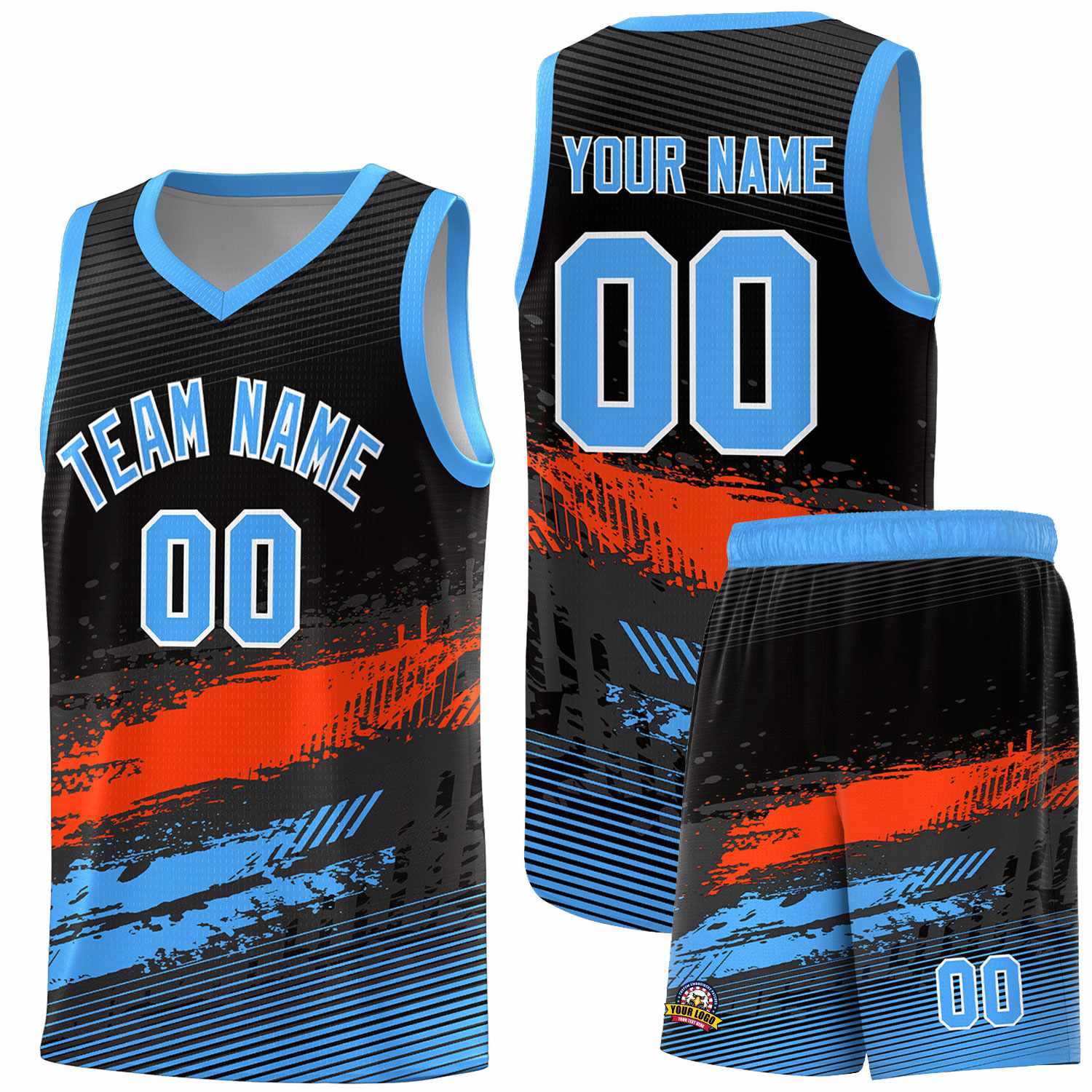 Custom Black Orange and Powder Blue Graffiti Pattern Sports Uniform Basketball Jersey