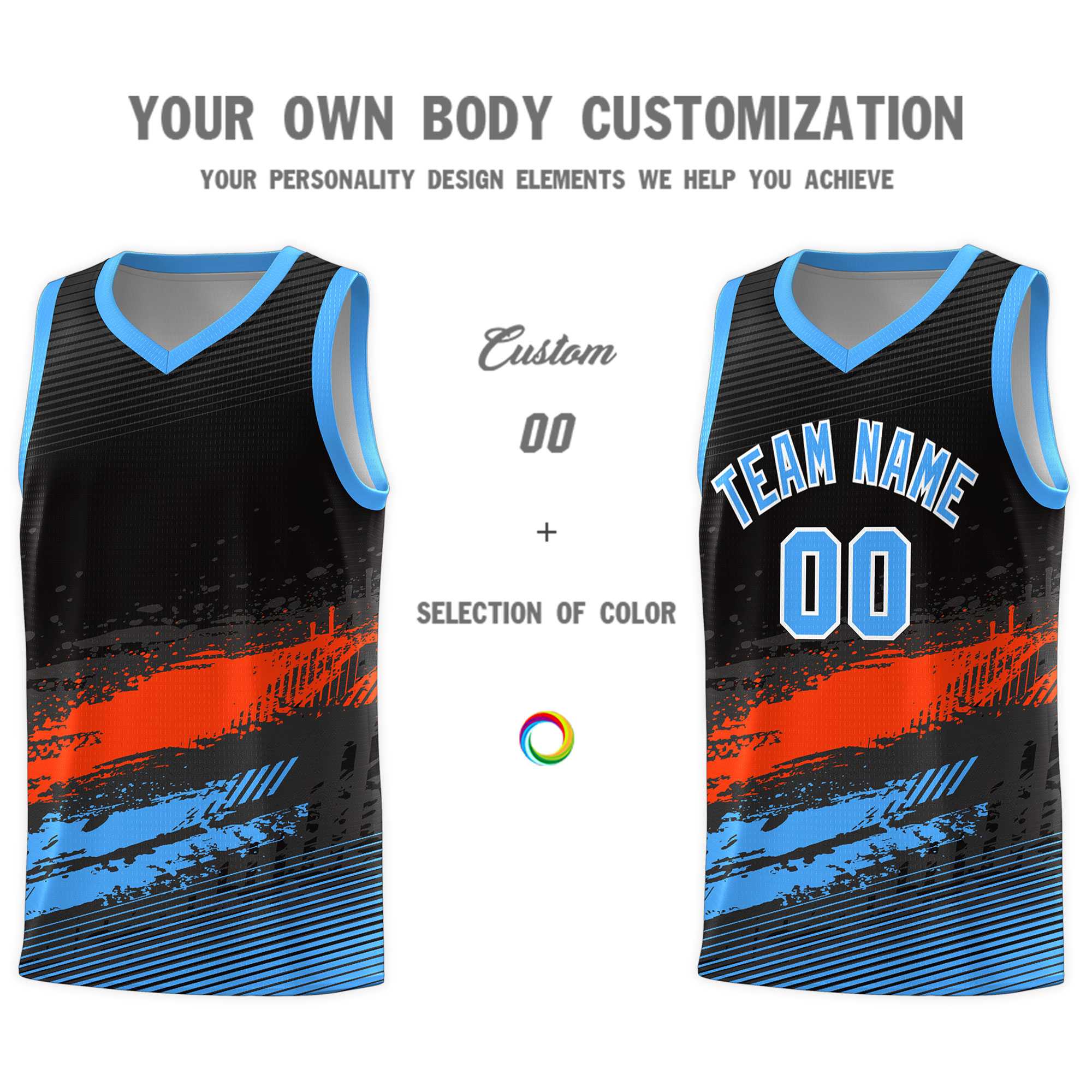 Custom Black Orange and Powder Blue Graffiti Pattern Sports Uniform Basketball Jersey