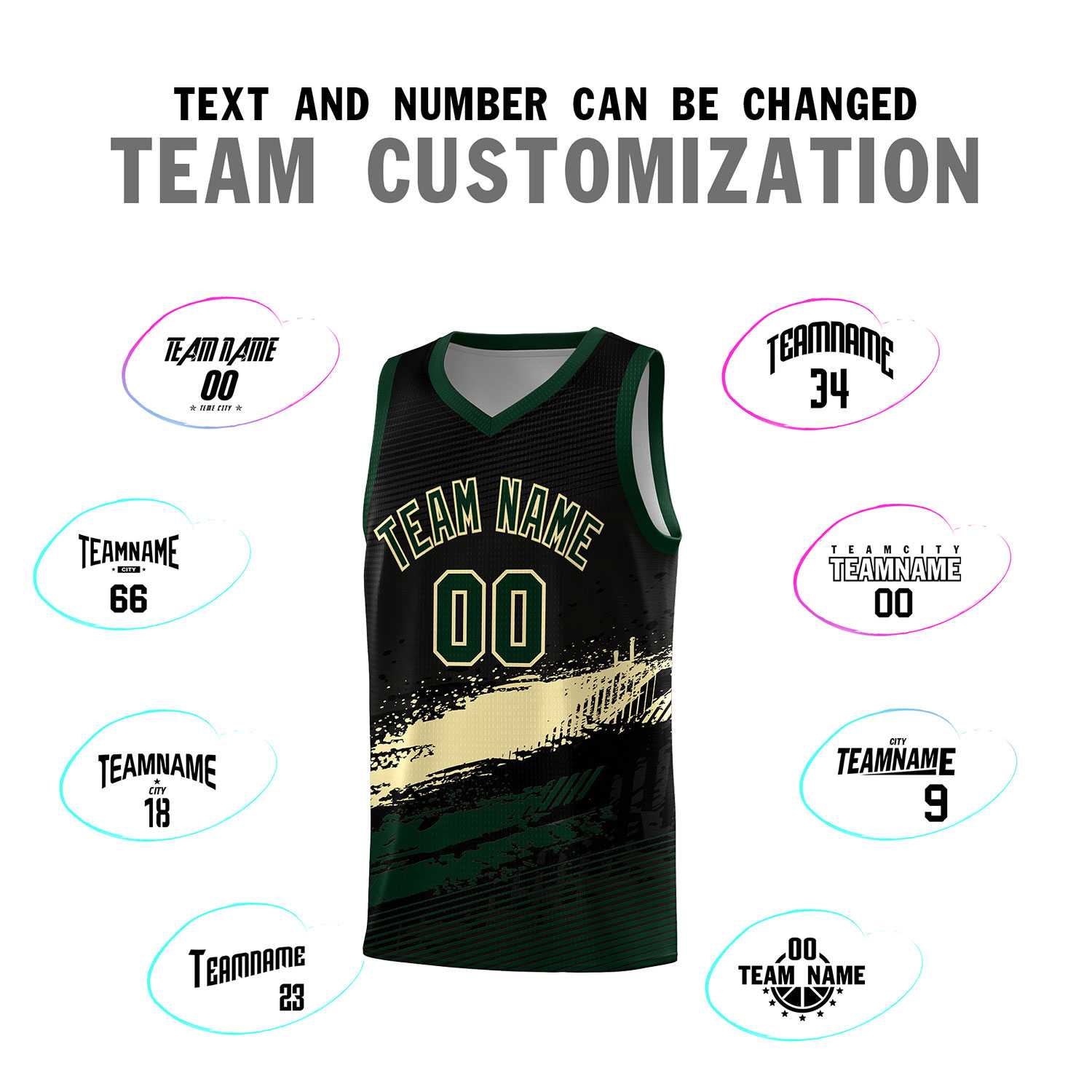 Custom Black Cream and Hunter Green Graffiti Pattern Sports Uniform Basketball Jersey