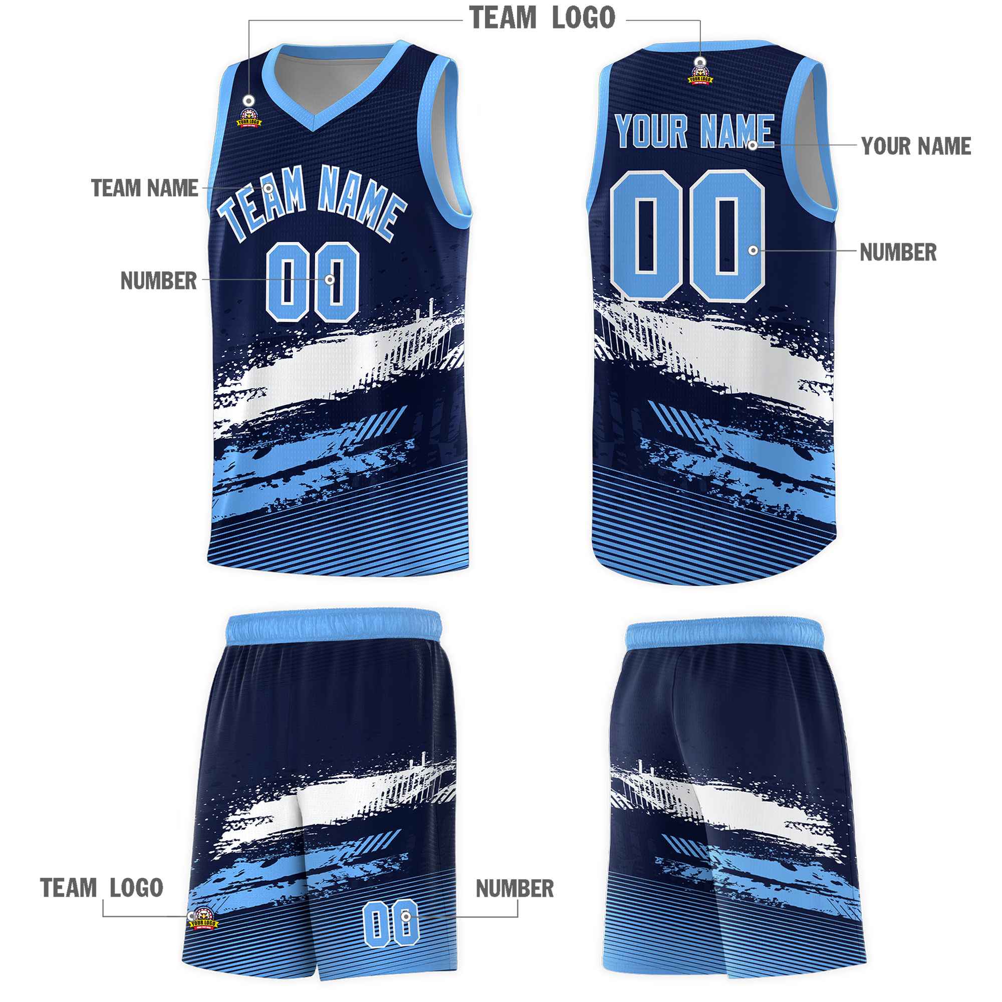 Custom Navy White and Powder Blue Graffiti Pattern Sports Uniform Basketball Jersey