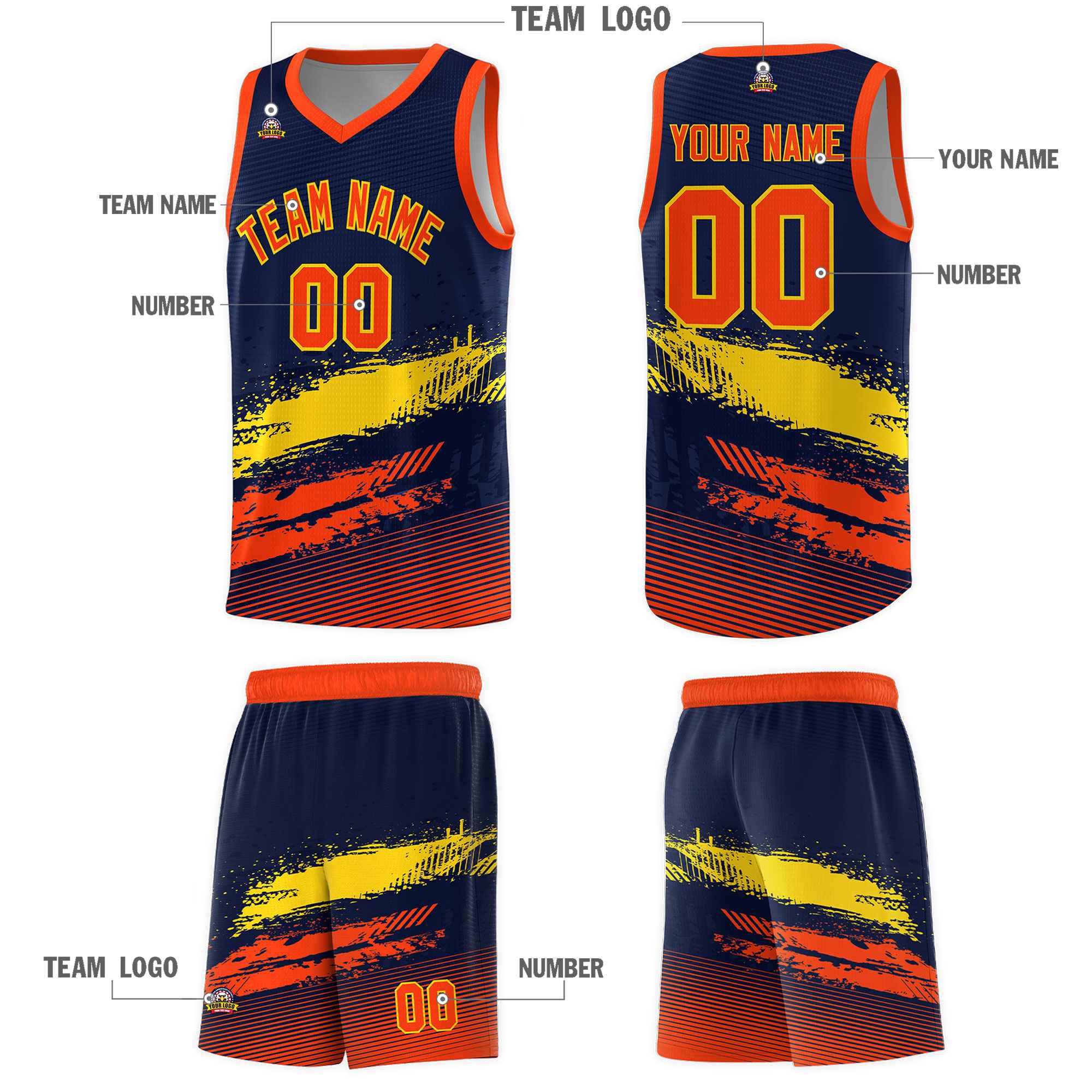 Custom Navy Gold and Orange Graffiti Pattern Sports Uniform Basketball Jersey