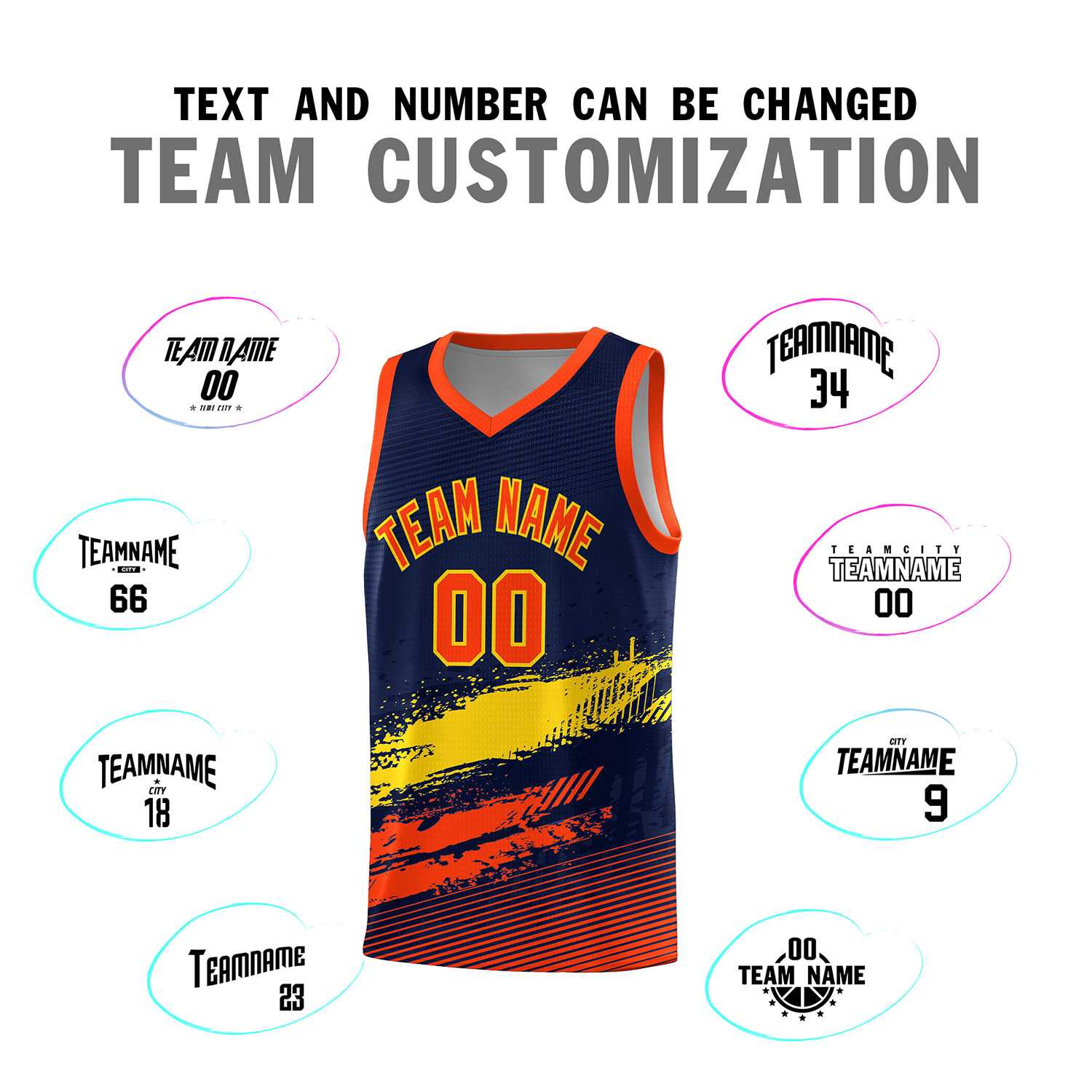 Custom Navy Gold and Orange Graffiti Pattern Sports Uniform Basketball Jersey