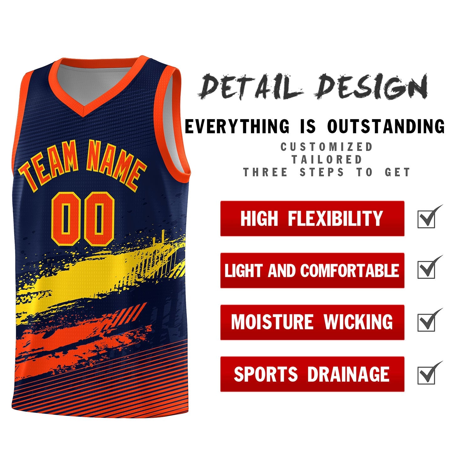 Custom Navy Gold and Orange Graffiti Pattern Sports Uniform Basketball Jersey