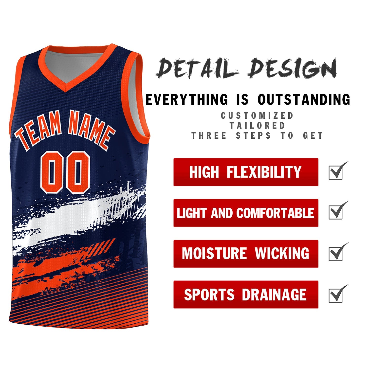 Custom Navy White and Orange Graffiti Pattern Sports Uniform Basketball Jersey