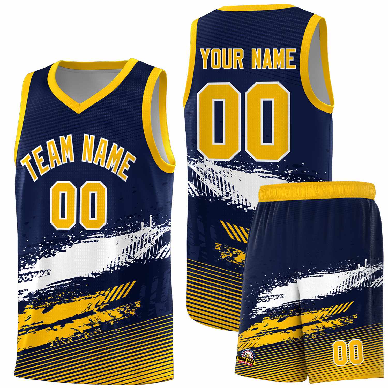 Custom Navy White and Yellow Graffiti Pattern Sports Uniform Basketball Jersey