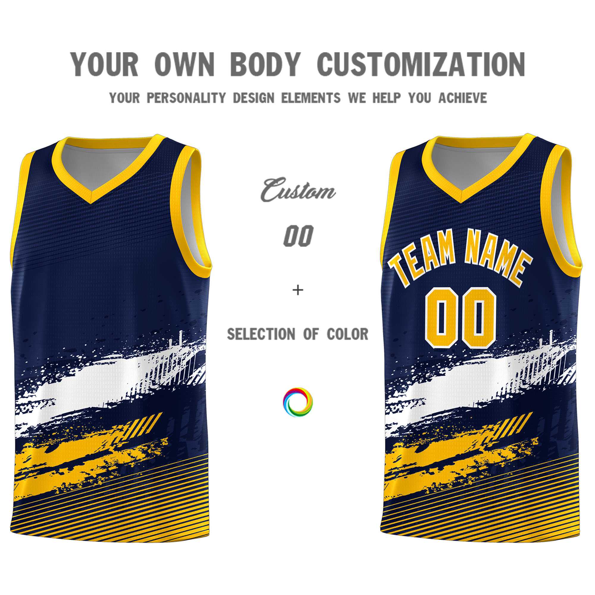 Custom Navy White and Yellow Graffiti Pattern Sports Uniform Basketball Jersey