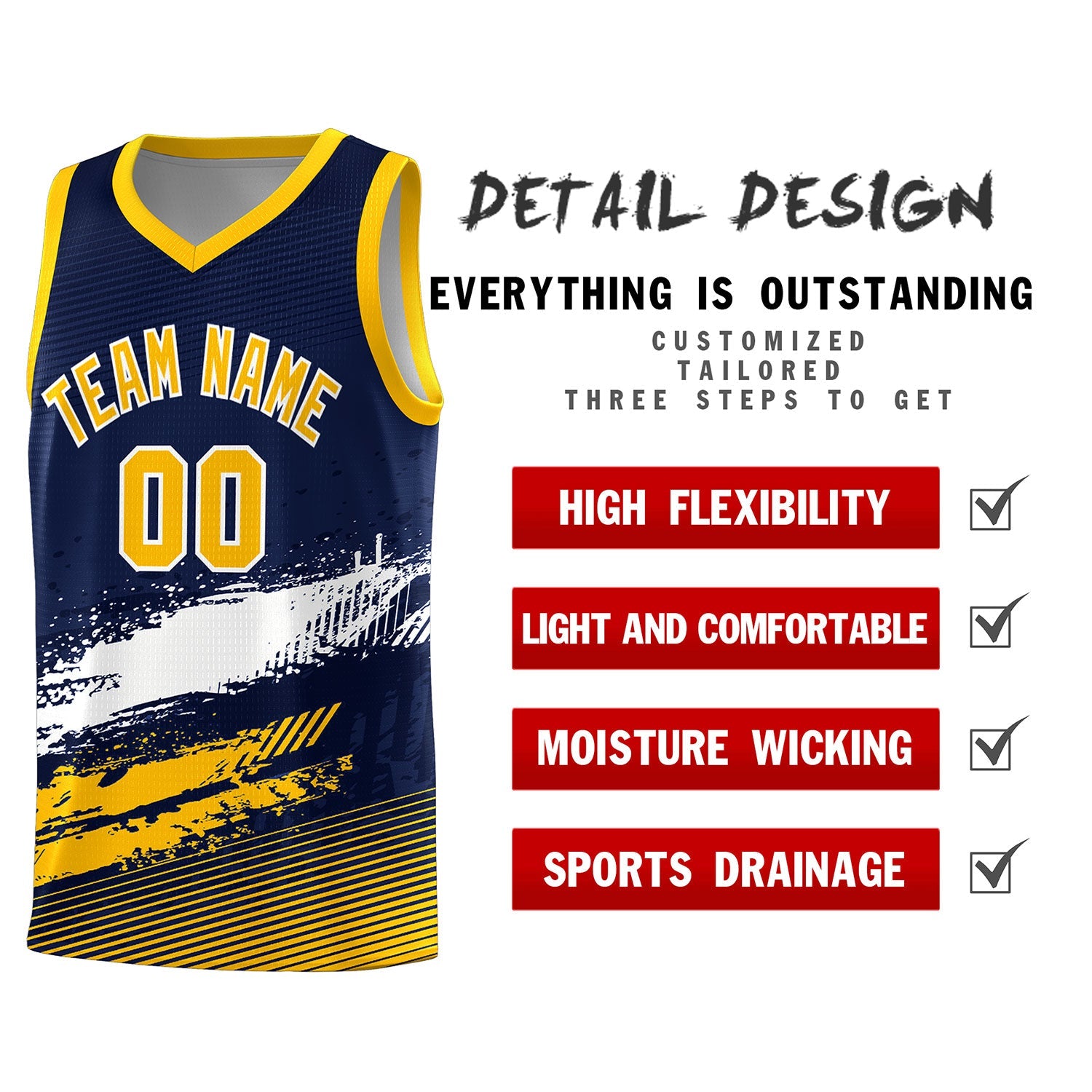 Custom Navy White and Yellow Graffiti Pattern Sports Uniform Basketball Jersey