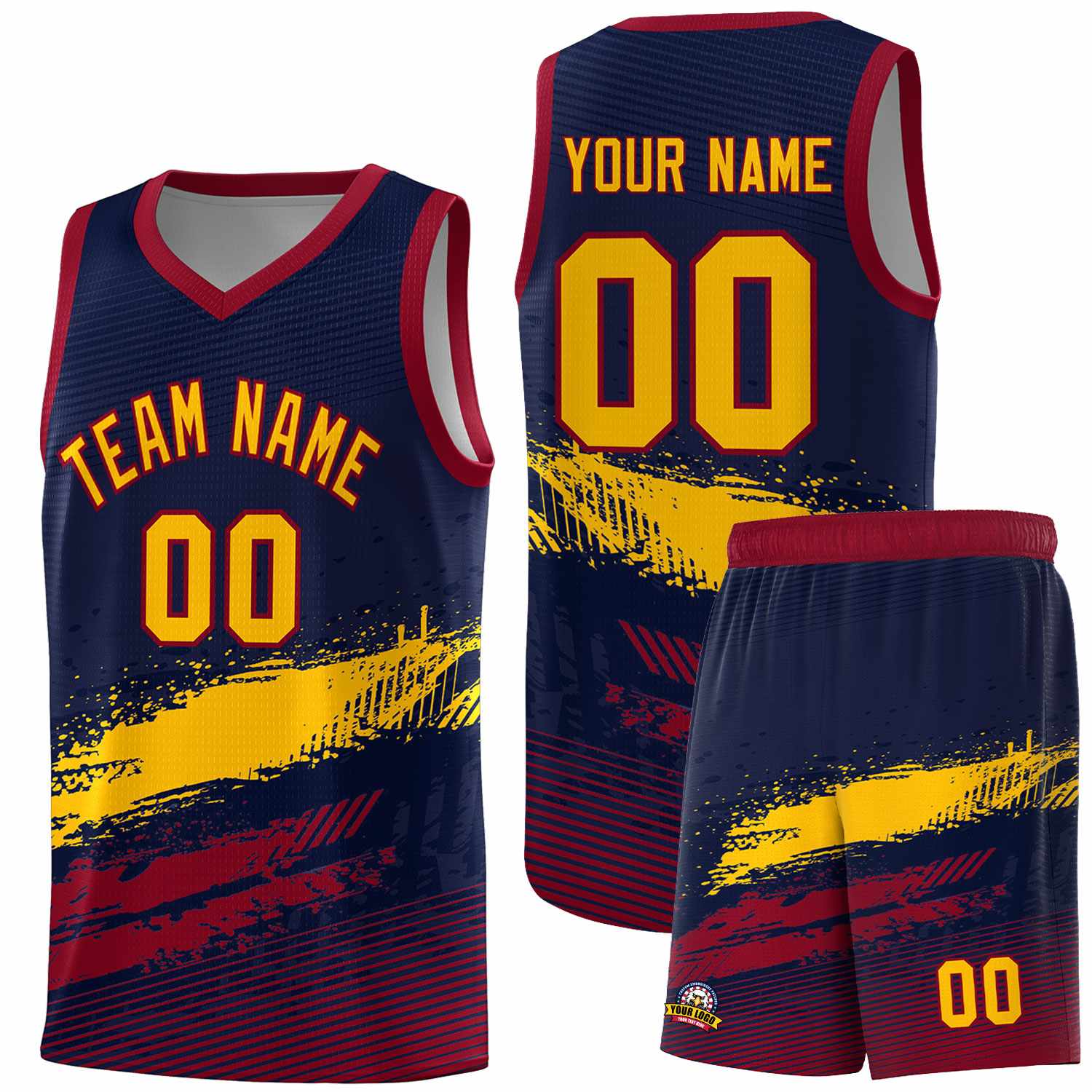 Custom Navy Yellow and Crimson Graffiti Pattern Sports Uniform Basketball Jersey