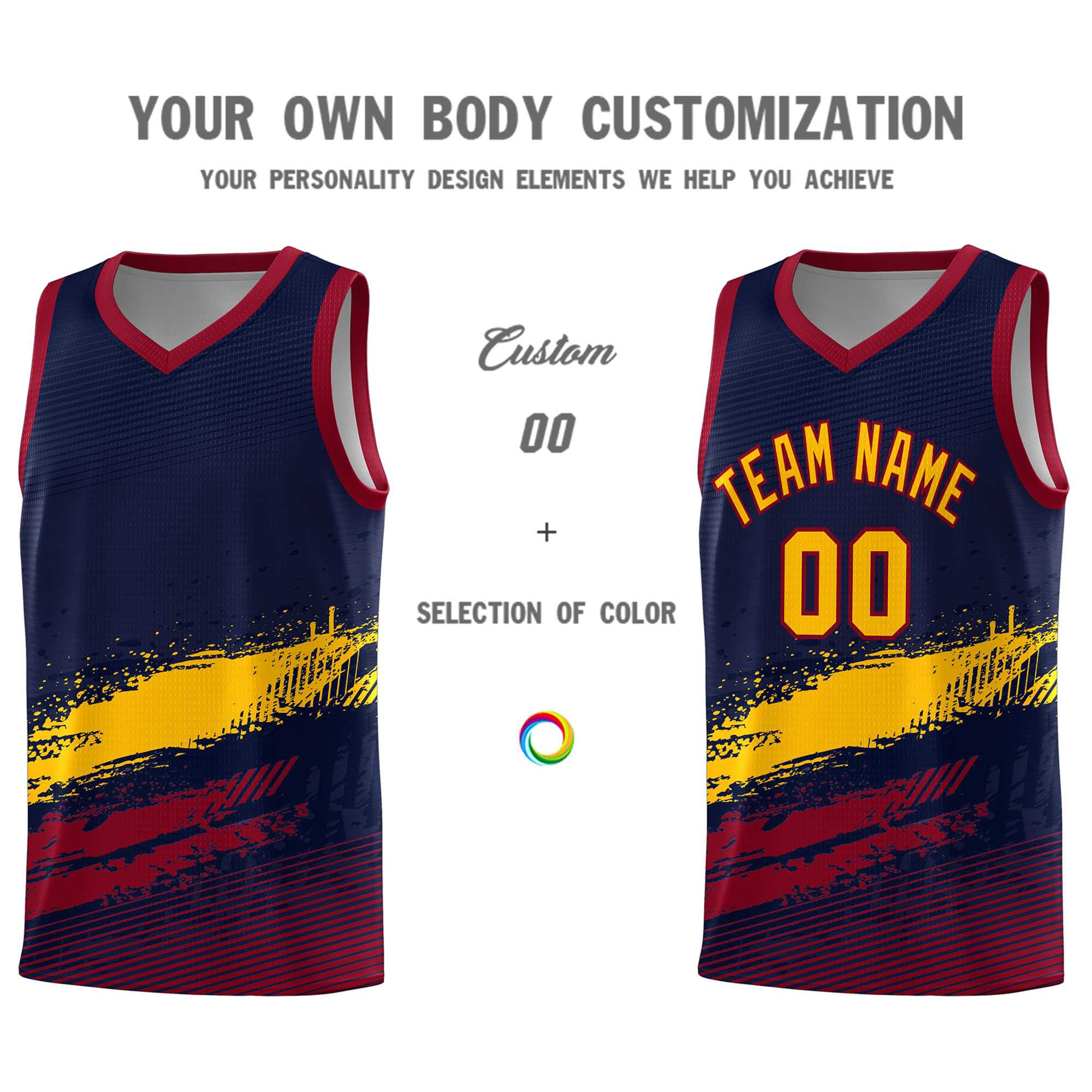 Custom Navy Yellow and Crimson Graffiti Pattern Sports Uniform Basketball Jersey