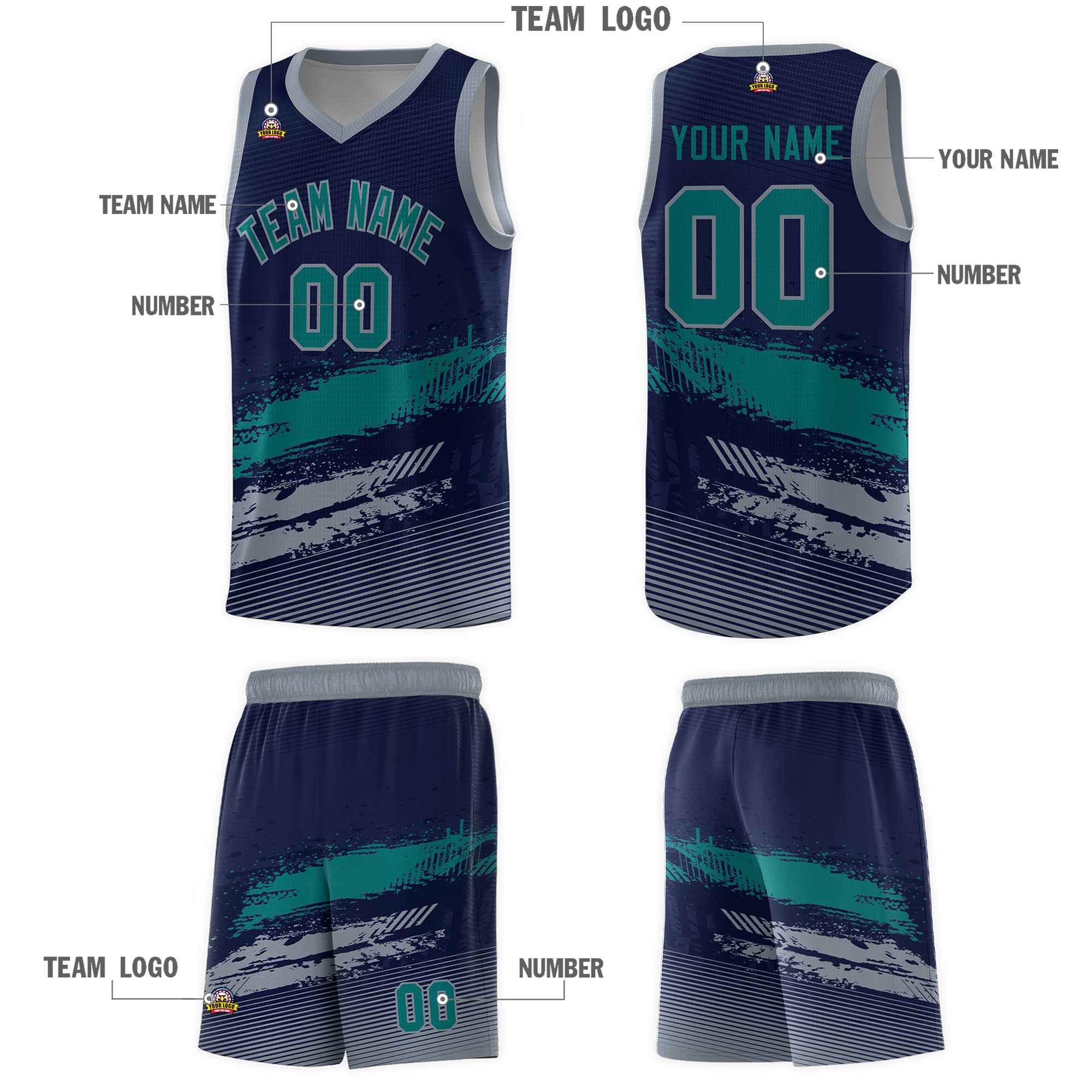 Custom Navy Aqua and Gray Graffiti Pattern Sports Uniform Basketball Jersey