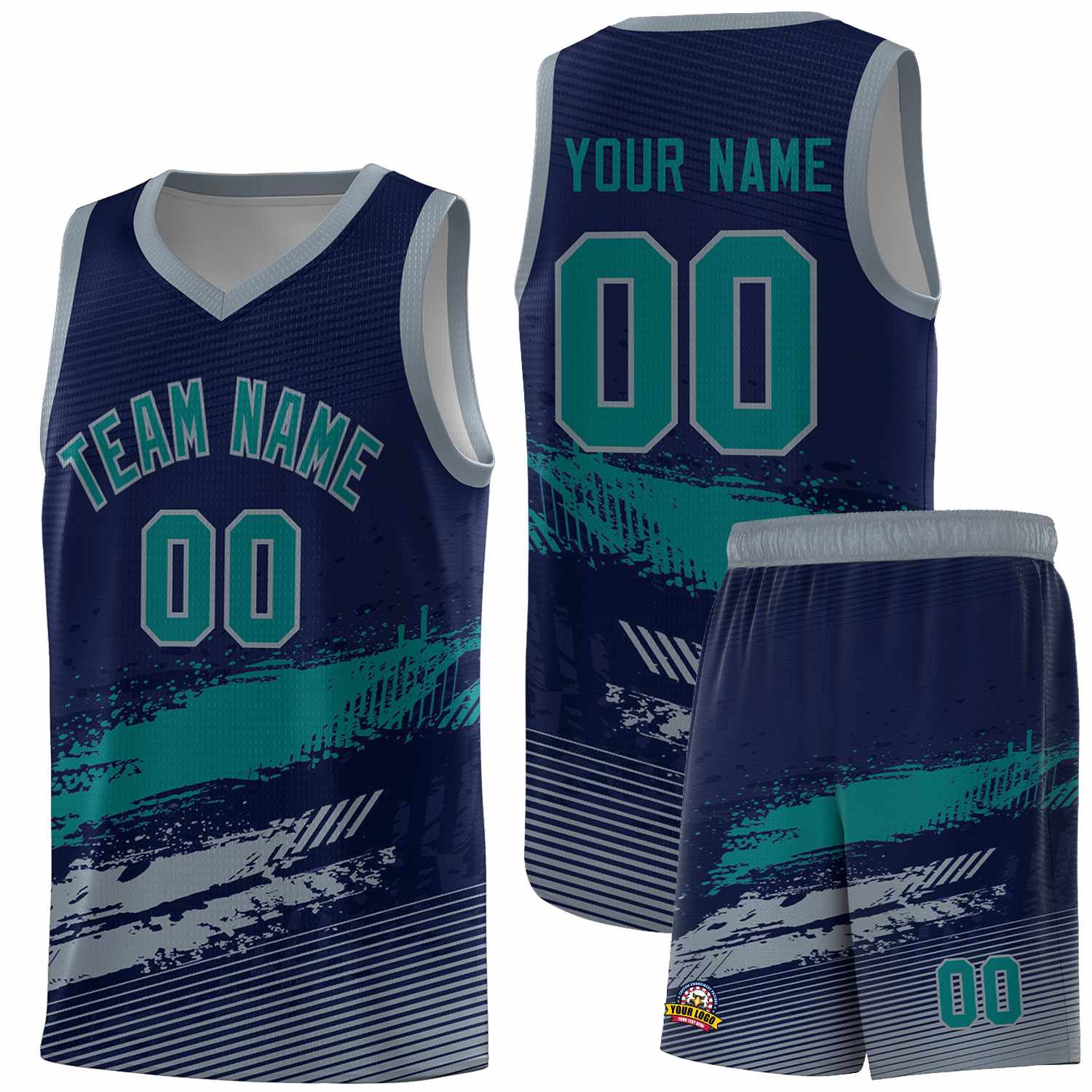 Custom Navy Aqua and Gray Graffiti Pattern Sports Uniform Basketball Jersey