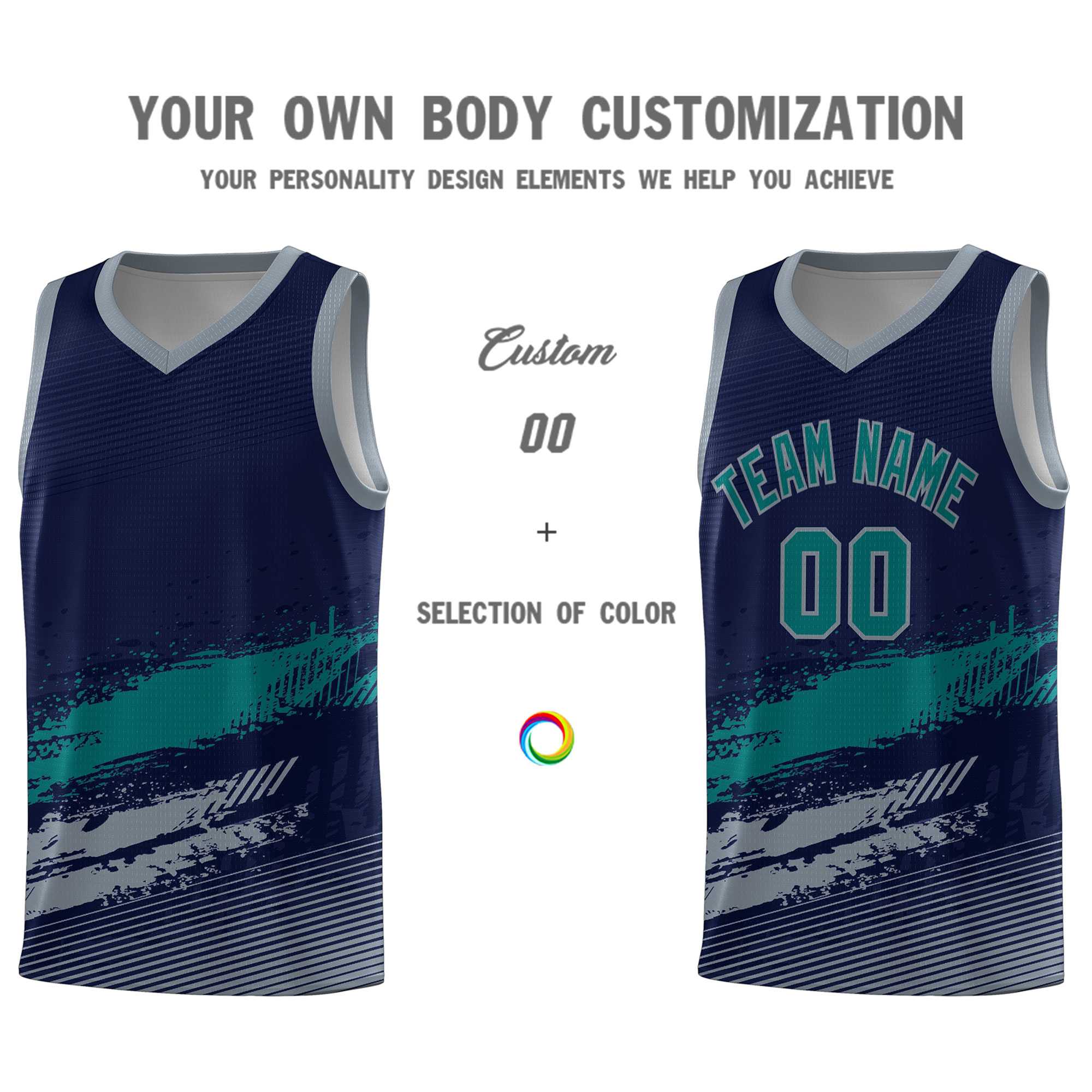 Custom Navy Aqua and Gray Graffiti Pattern Sports Uniform Basketball Jersey