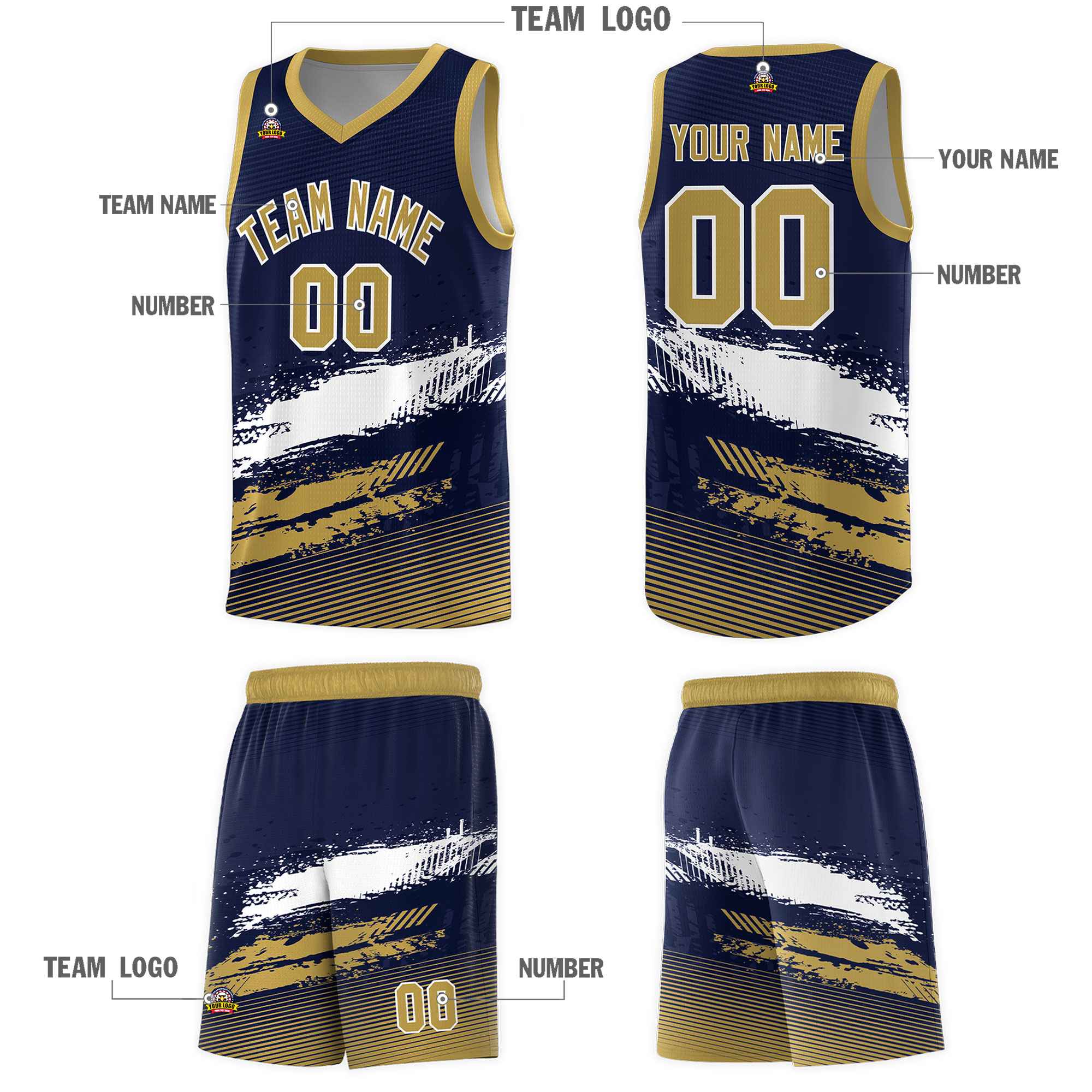 Custom Navy White and Old Gold Graffiti Pattern Sports Uniform Basketball Jersey