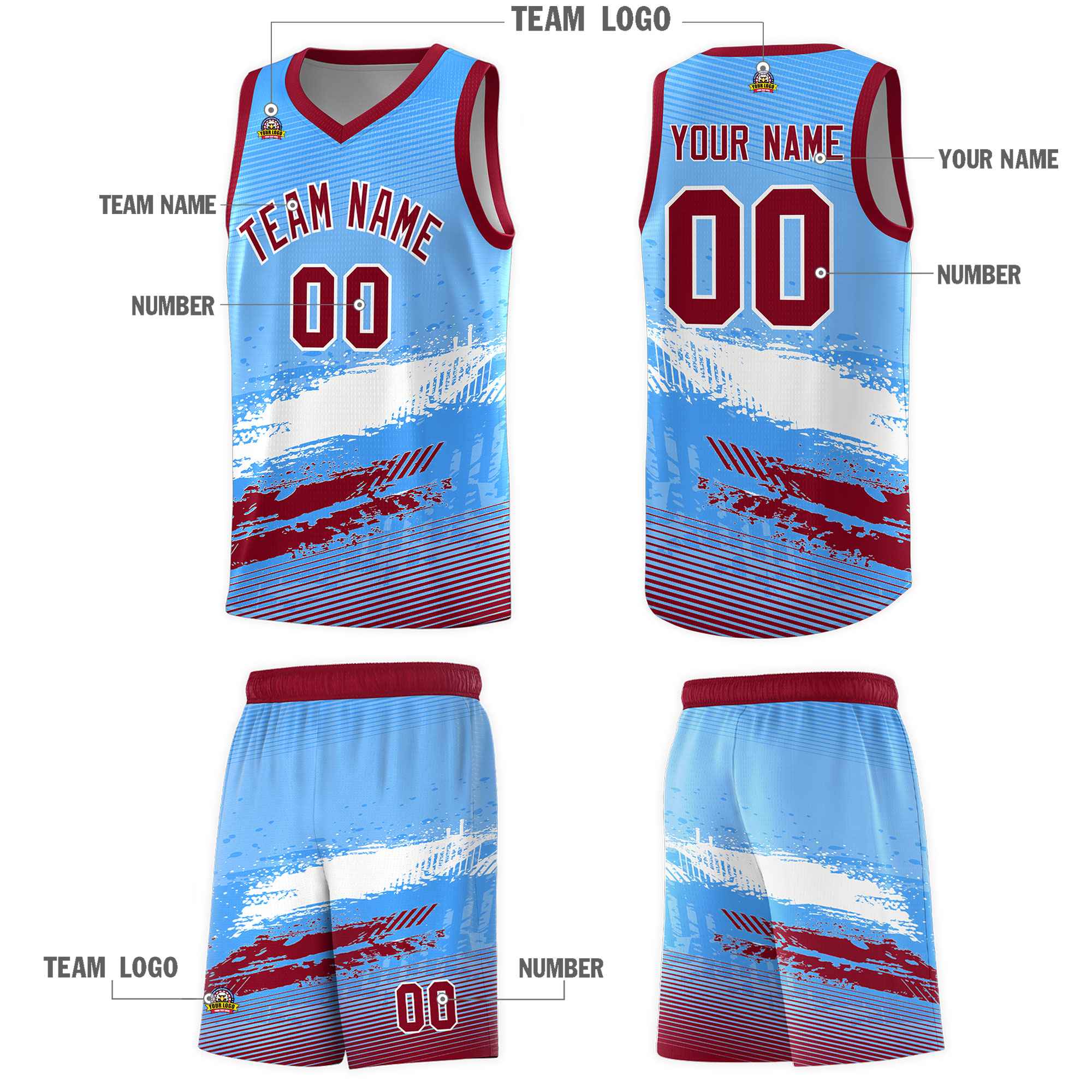 Custom Powder Blue White and Crimson Graffiti Pattern Sports Uniform Basketball Jersey