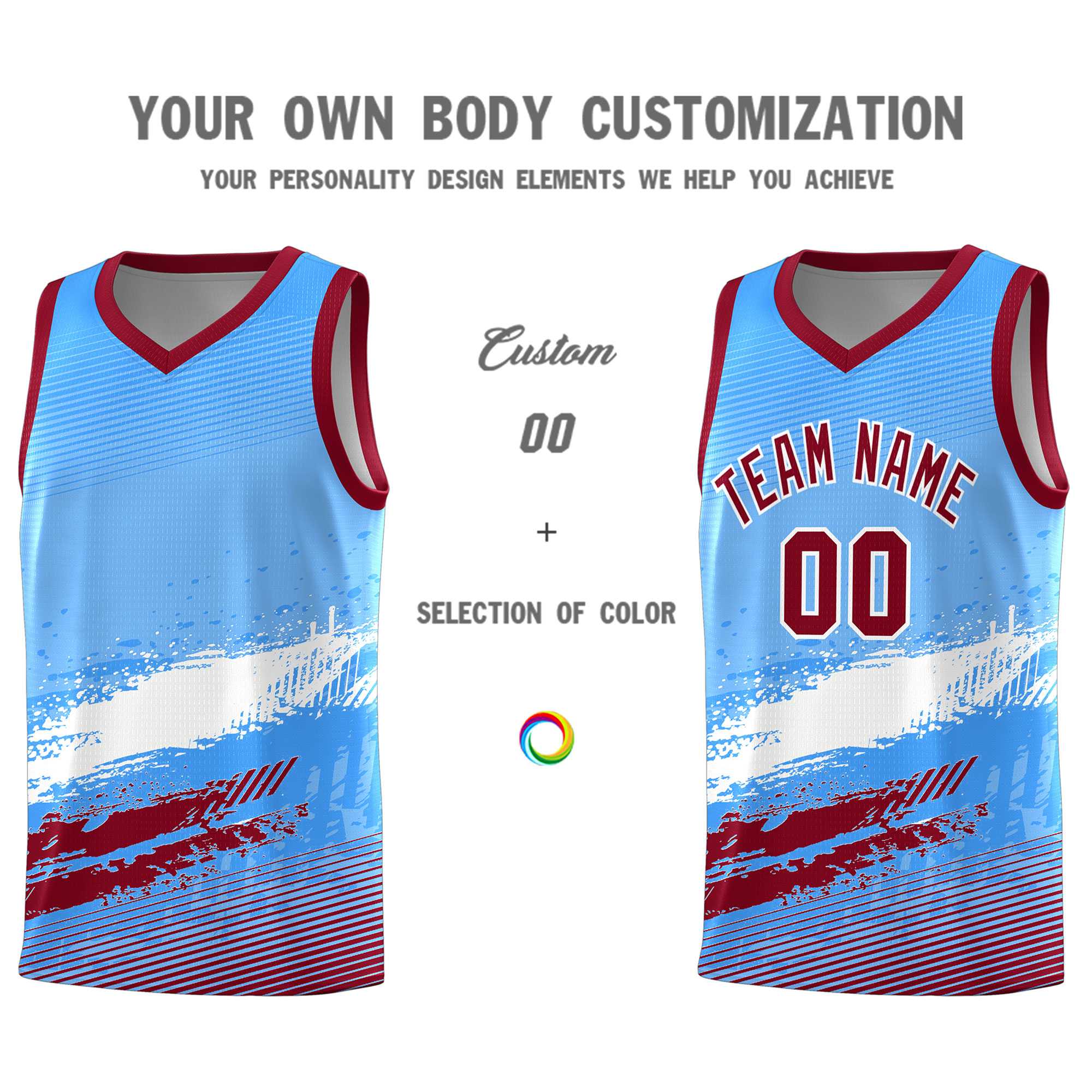 Custom Powder Blue White and Crimson Graffiti Pattern Sports Uniform Basketball Jersey