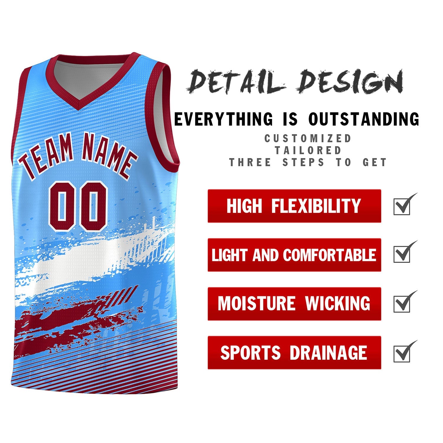 Custom Powder Blue White and Crimson Graffiti Pattern Sports Uniform Basketball Jersey