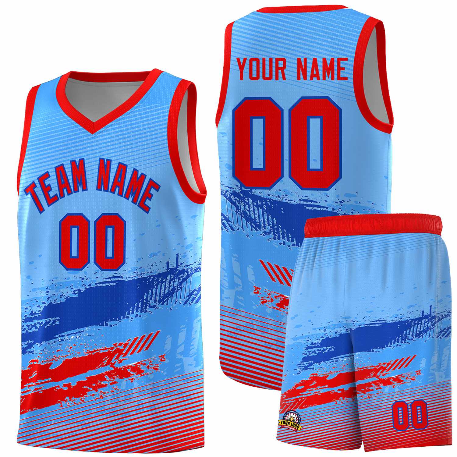 Custom Powder Blue Royal and Red Graffiti Pattern Sports Uniform Basketball Jersey