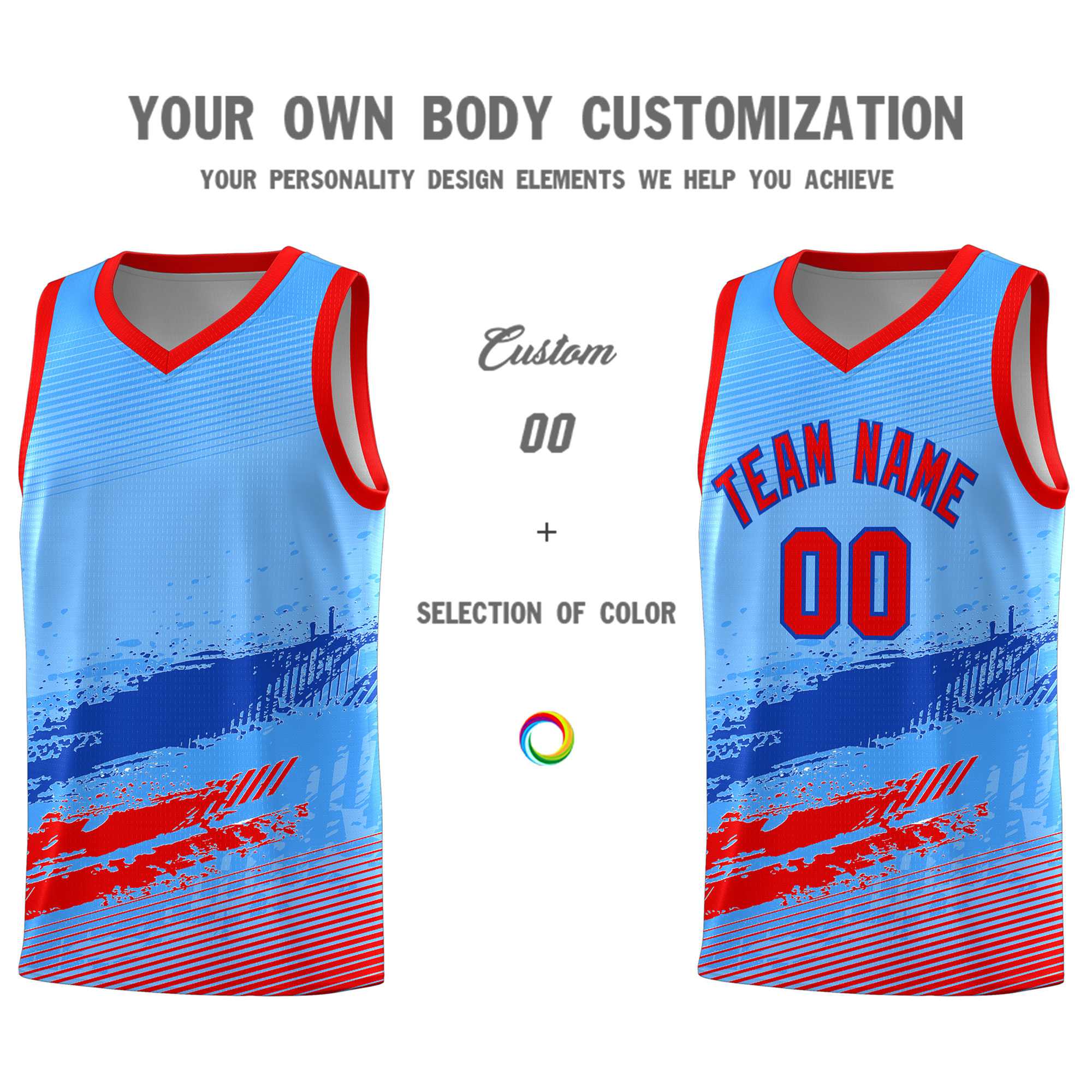 Custom Powder Blue Royal and Red Graffiti Pattern Sports Uniform Basketball Jersey