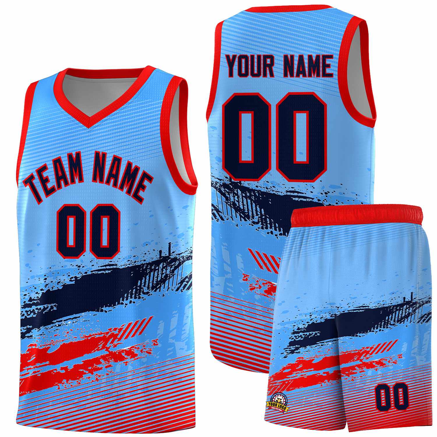 Custom Powder Blue Navy and Red Graffiti Pattern Sports Uniform Basketball Jersey