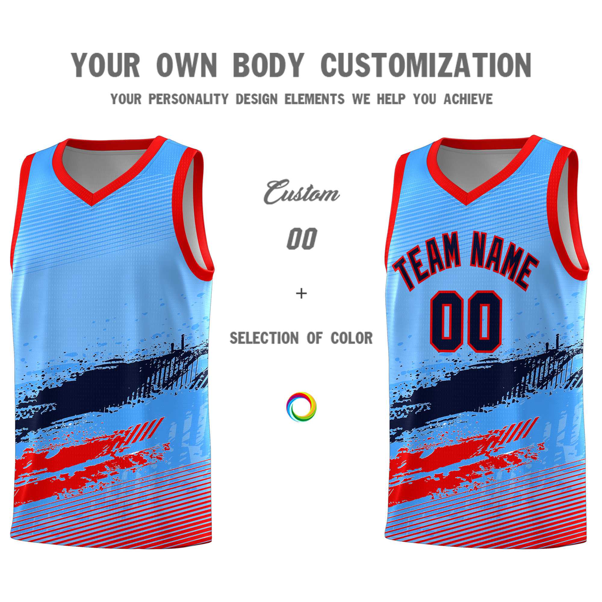 Custom Powder Blue Navy and Red Graffiti Pattern Sports Uniform Basketball Jersey