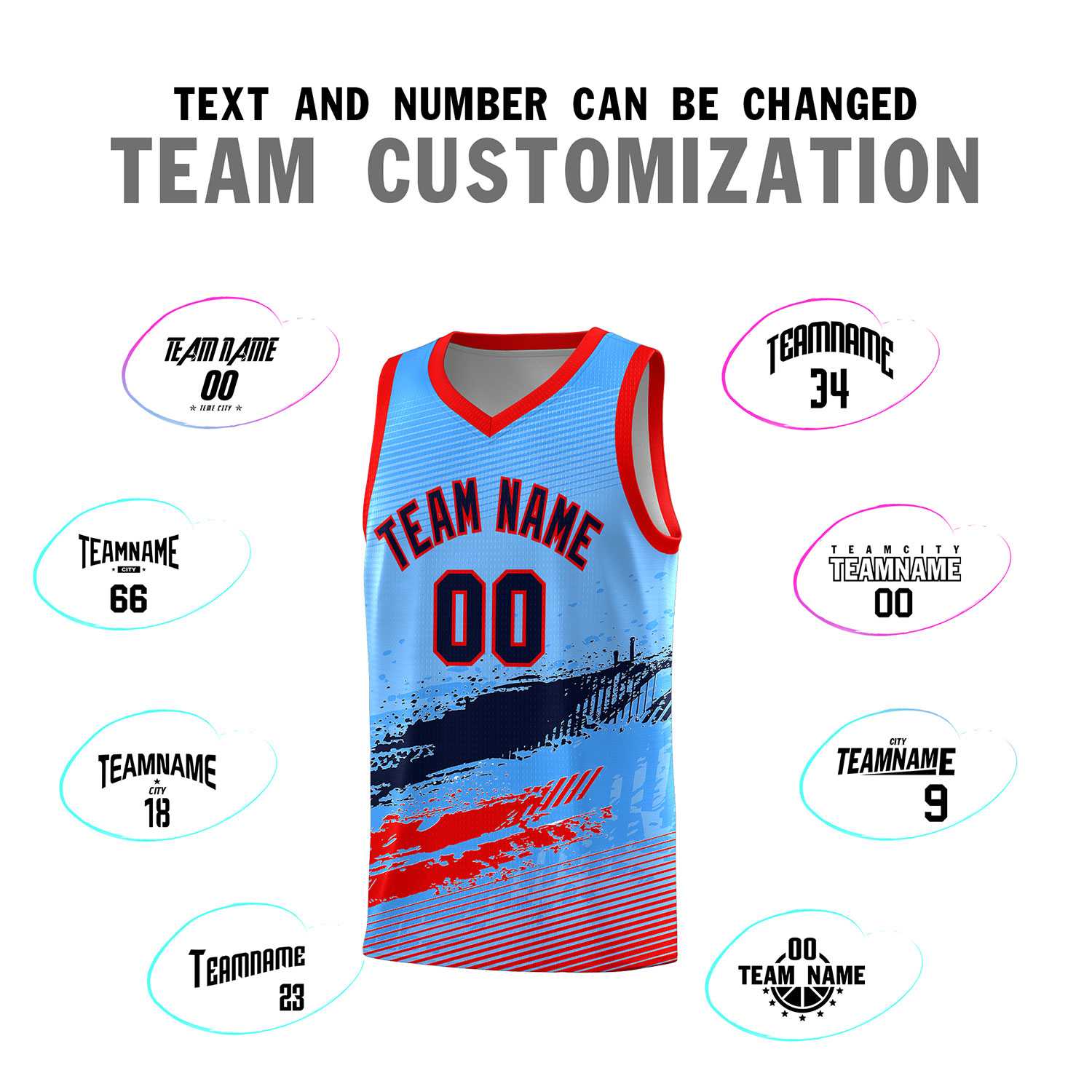 Custom Powder Blue Navy and Red Graffiti Pattern Sports Uniform Basketball Jersey