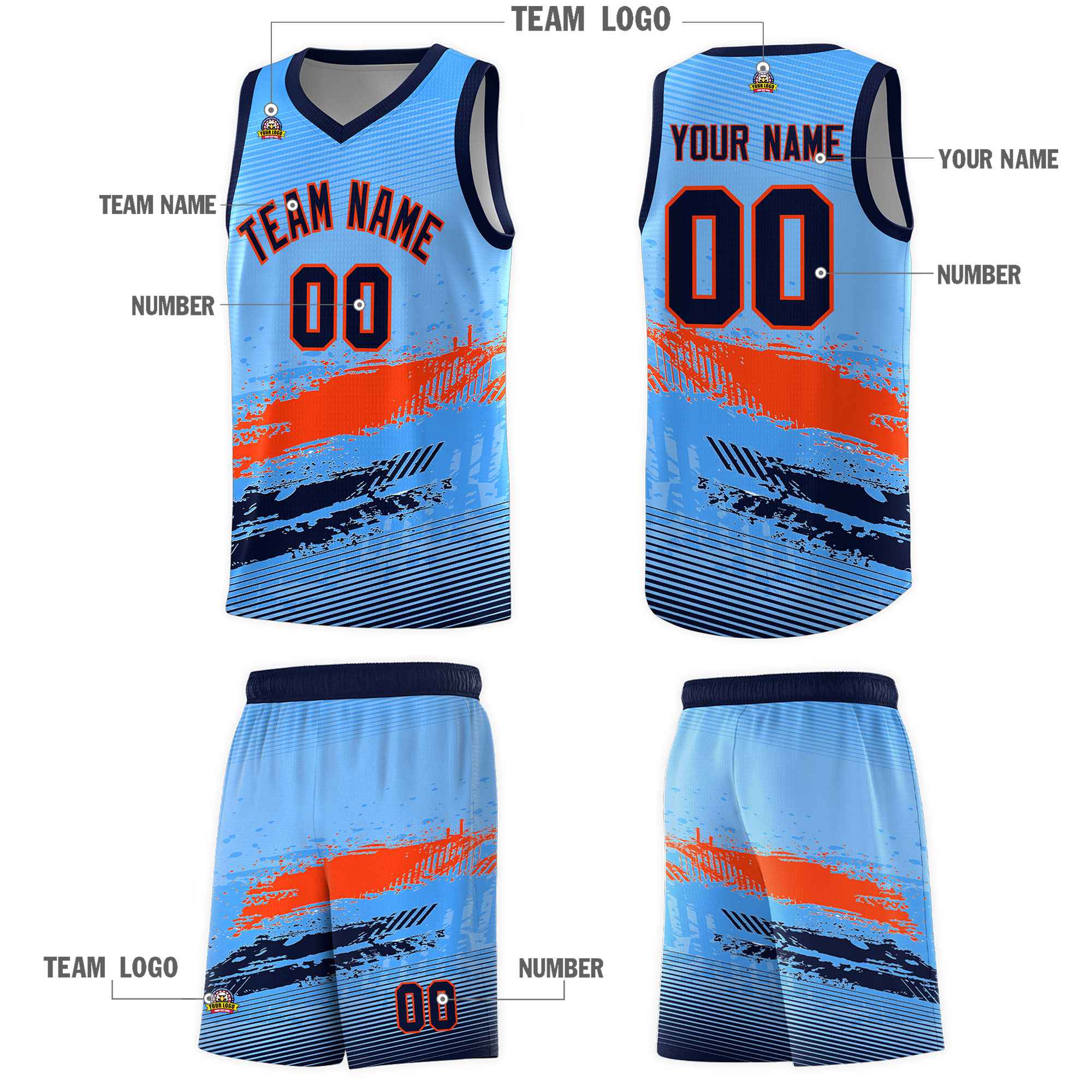 Custom Powder Blue Orange and Navy Graffiti Pattern Sports Uniform Basketball Jersey