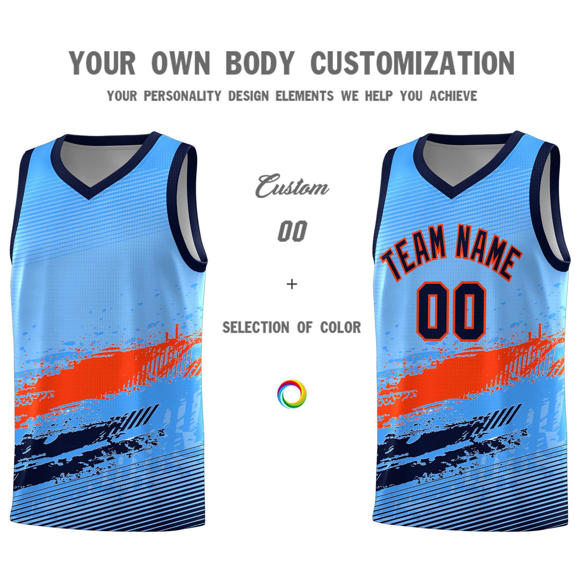 Custom Powder Blue Orange and Navy Graffiti Pattern Sports Uniform Basketball Jersey