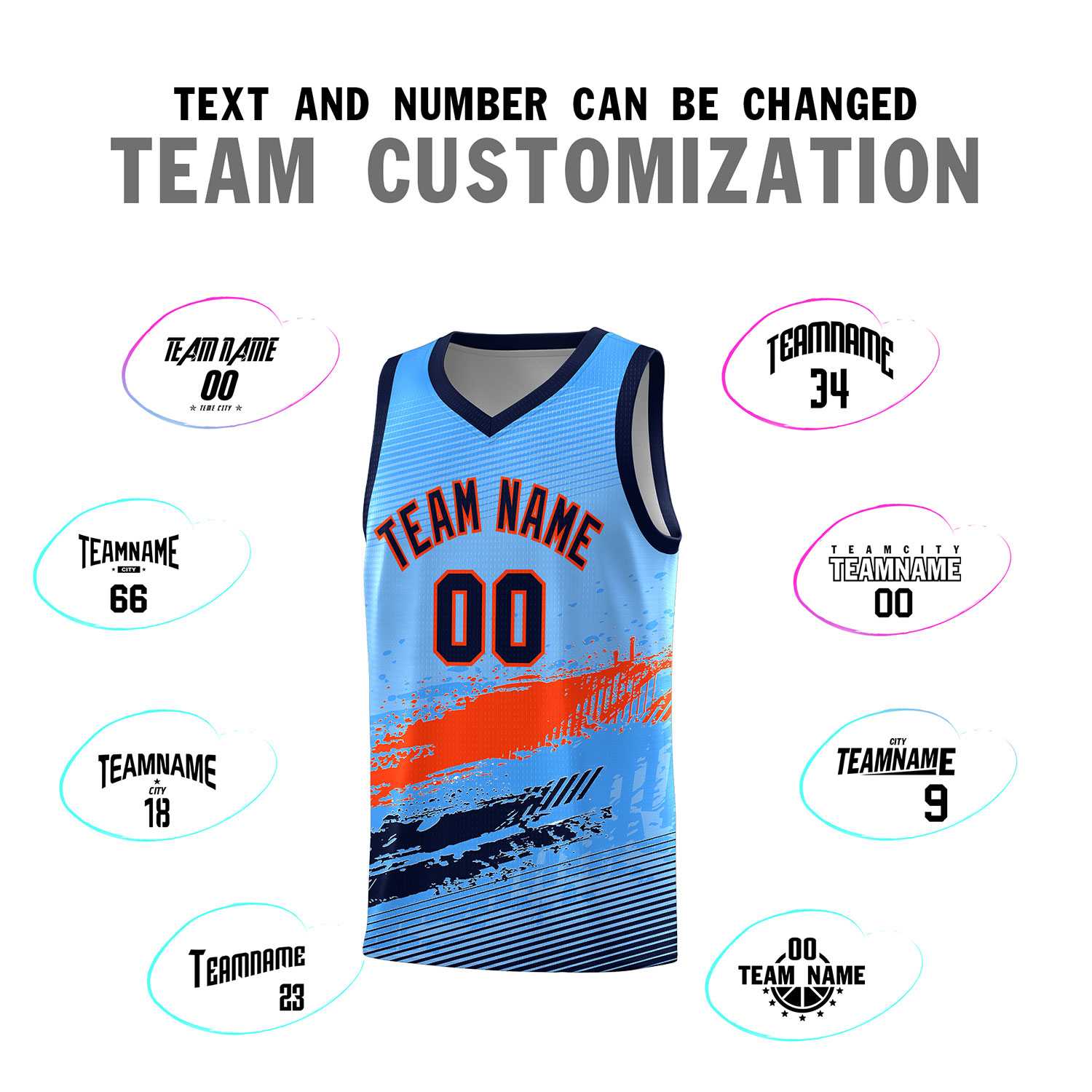 Custom Powder Blue Orange and Navy Graffiti Pattern Sports Uniform Basketball Jersey