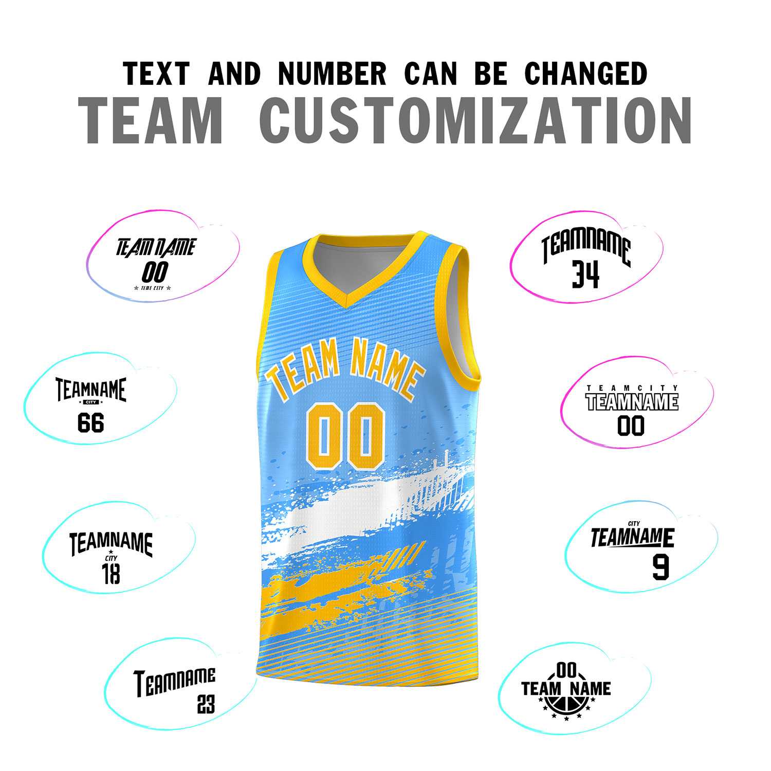 Custom Powder Blue White and Yellow Graffiti Pattern Sports Uniform Basketball Jersey