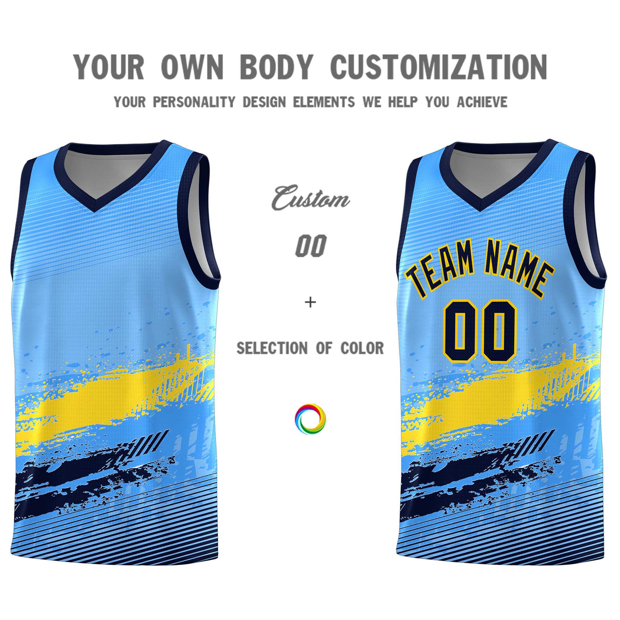 Custom Powder Blue Gold and Navy Graffiti Pattern Sports Uniform Basketball Jersey