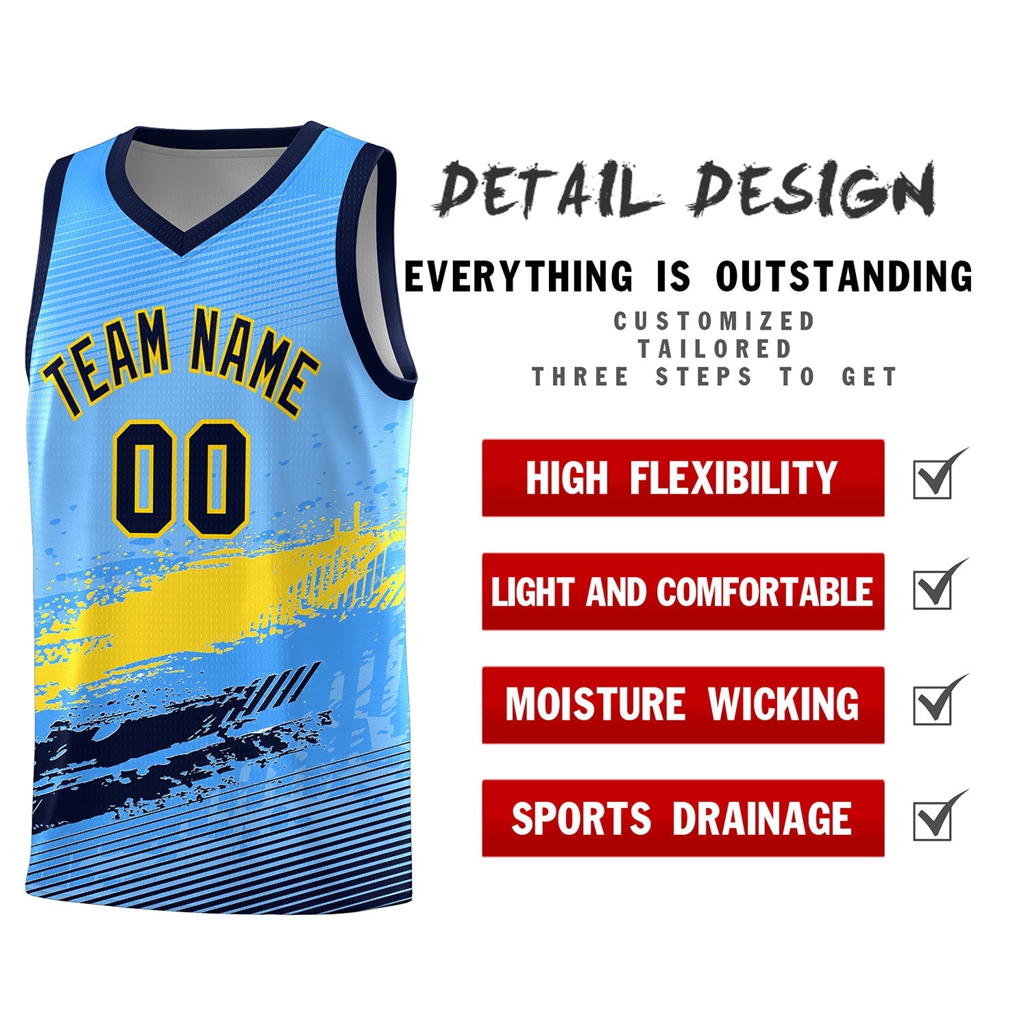 Custom Powder Blue Gold and Navy Graffiti Pattern Sports Uniform Basketball Jersey