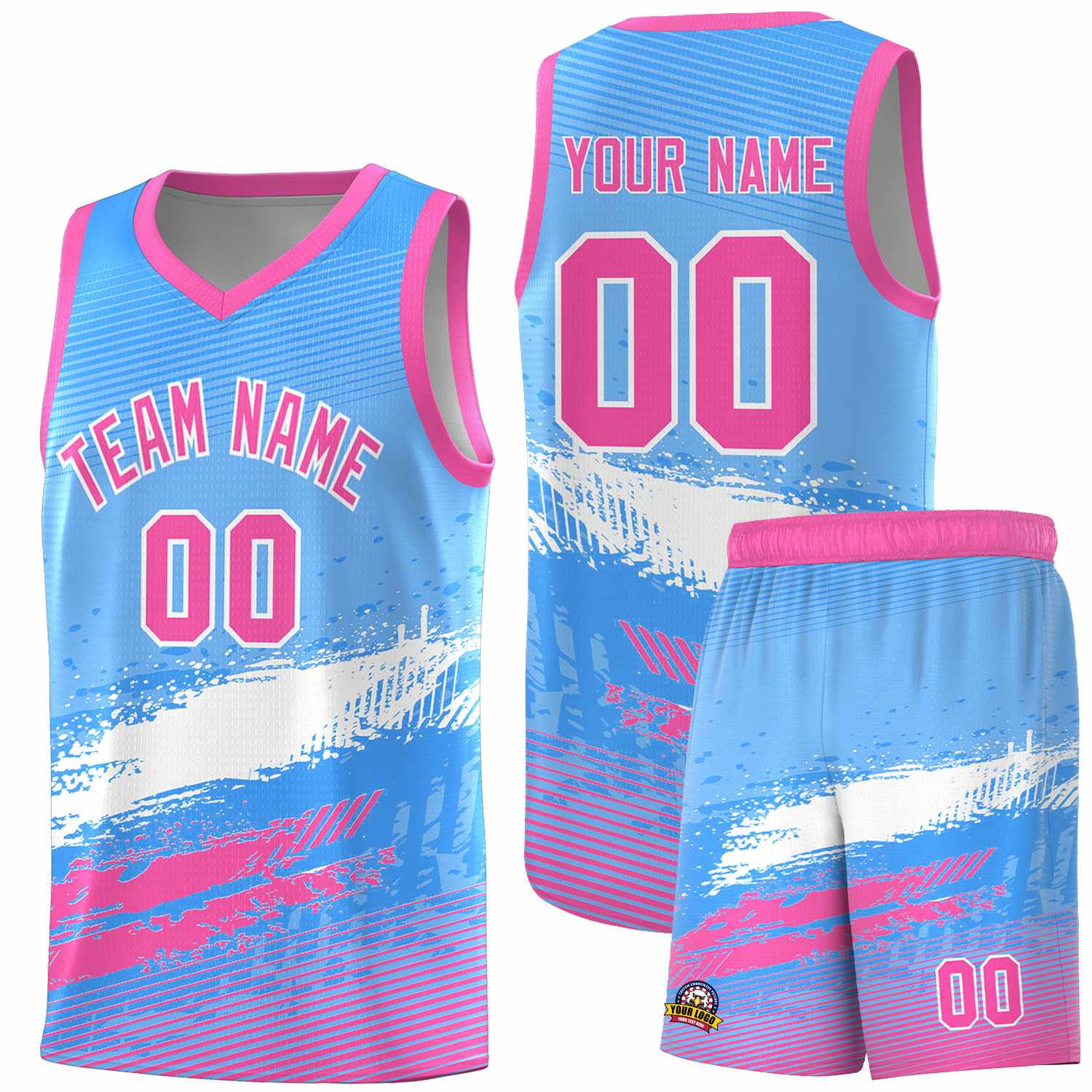 Custom Powder Blue White and Pink Graffiti Pattern Sports Uniform Basketball Jersey