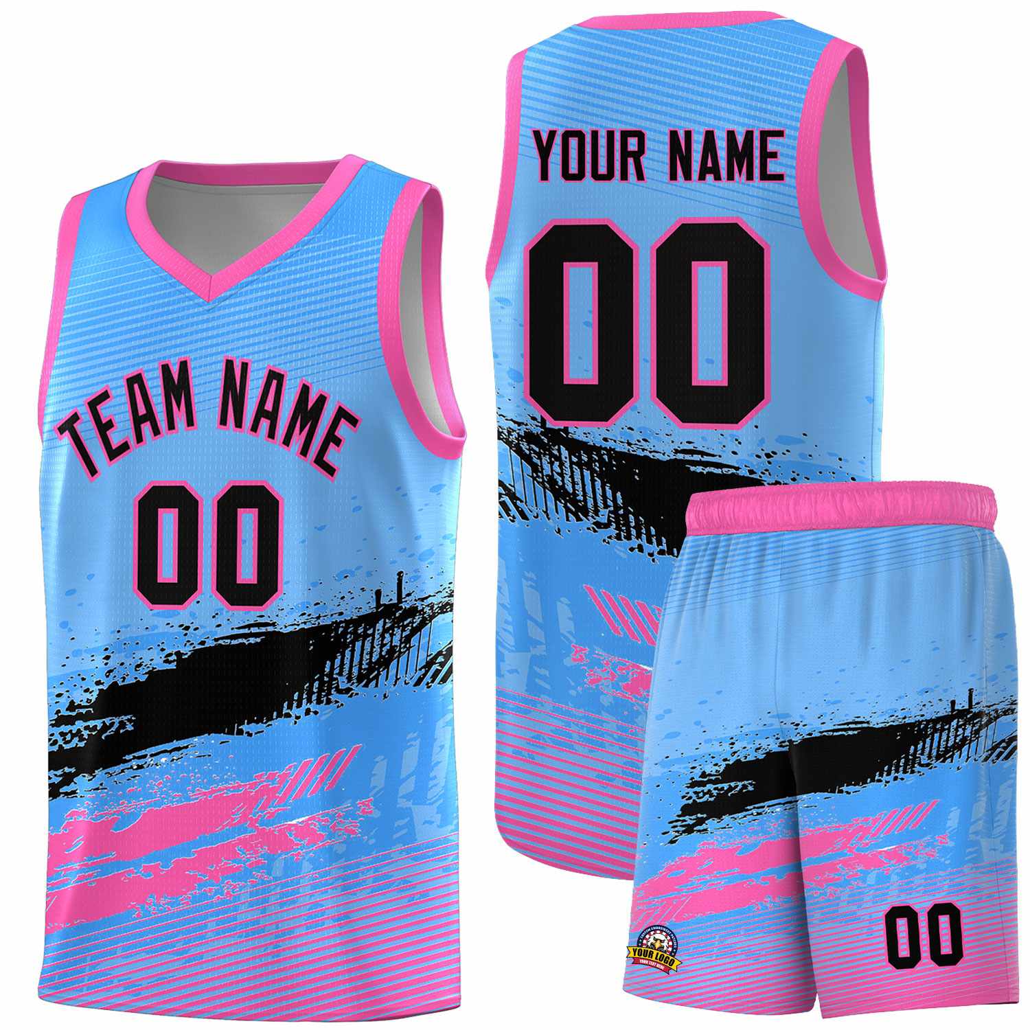 Custom Powder Blue Black and Pink Graffiti Pattern Sports Uniform Basketball Jersey