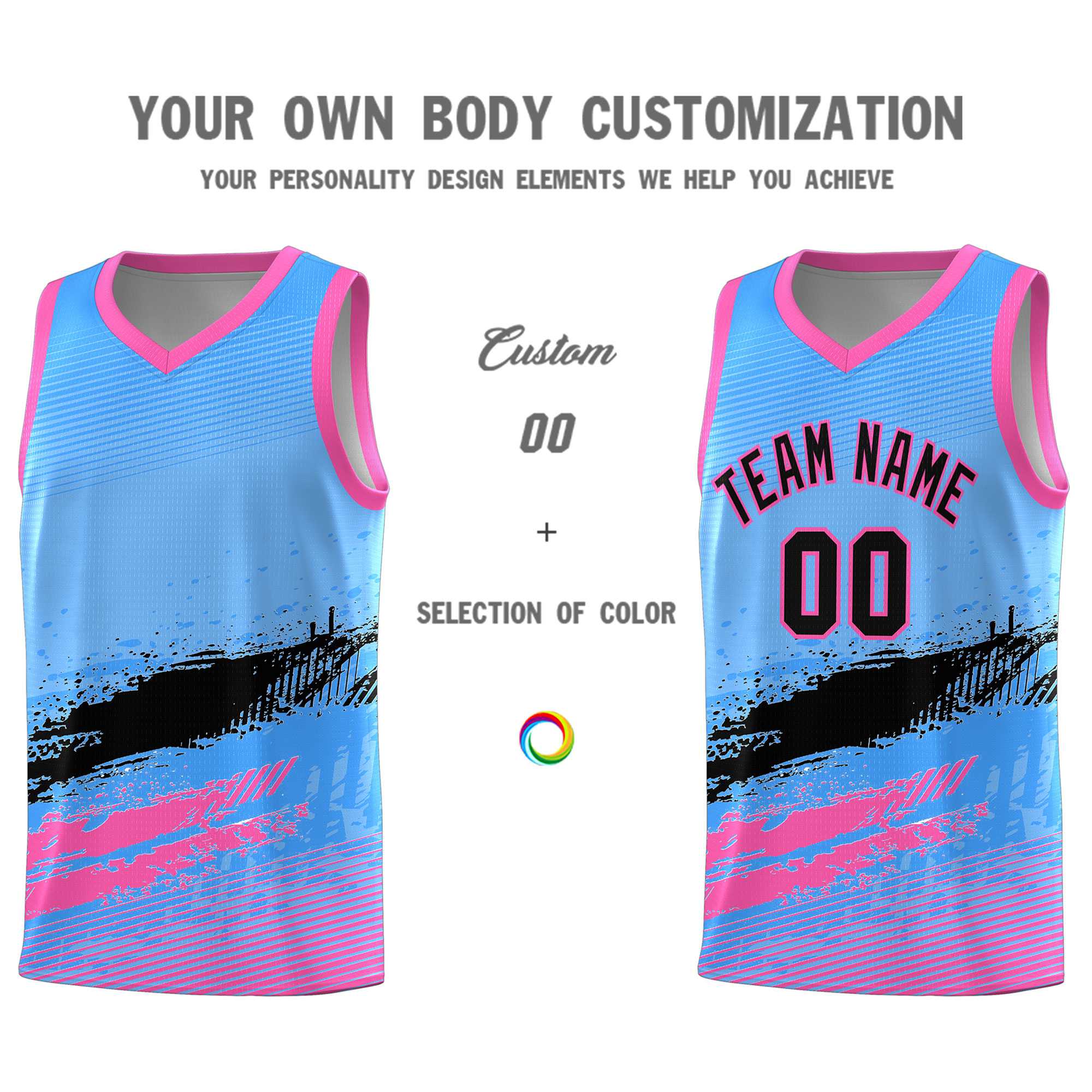 Custom Powder Blue Black and Pink Graffiti Pattern Sports Uniform Basketball Jersey