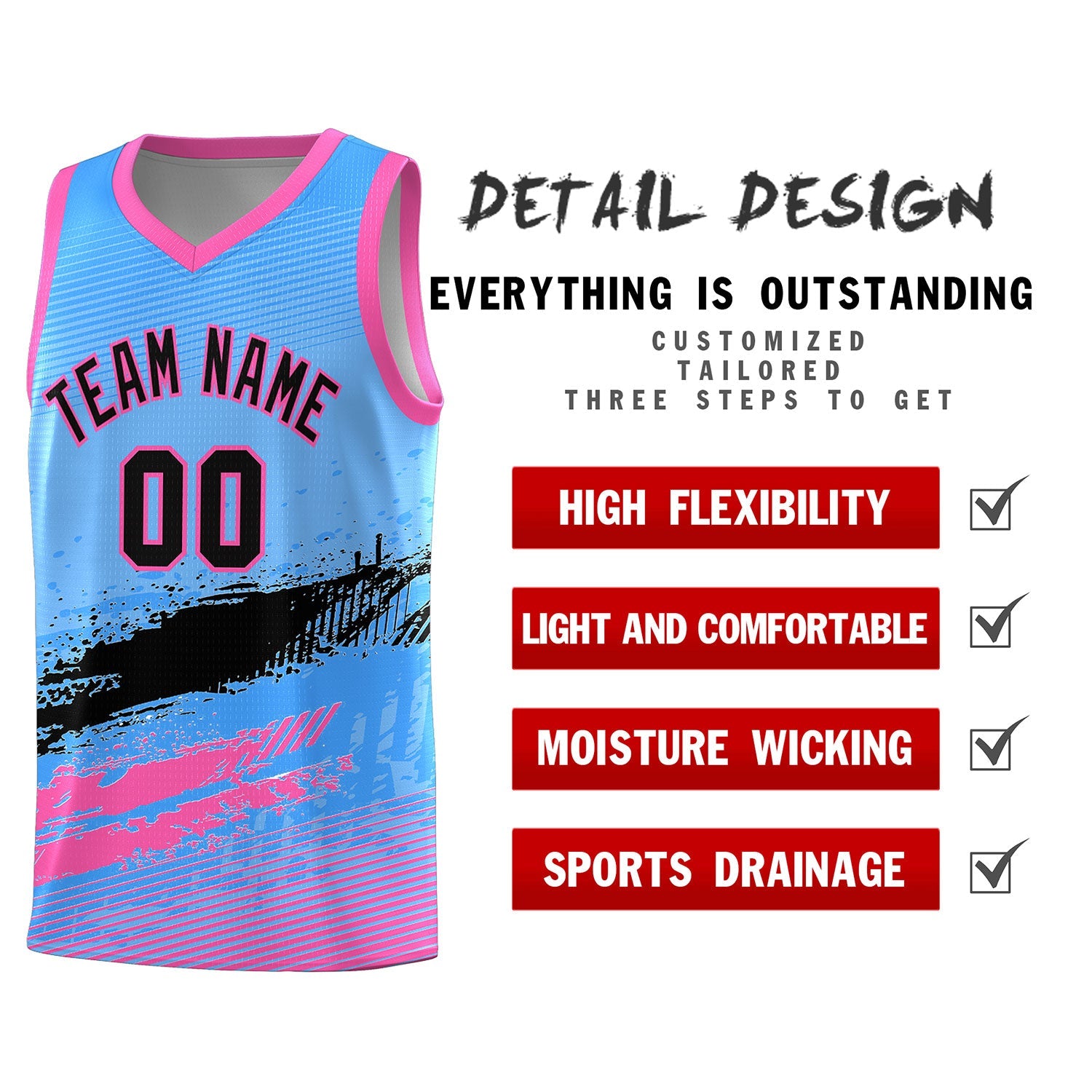 Custom Powder Blue Black and Pink Graffiti Pattern Sports Uniform Basketball Jersey