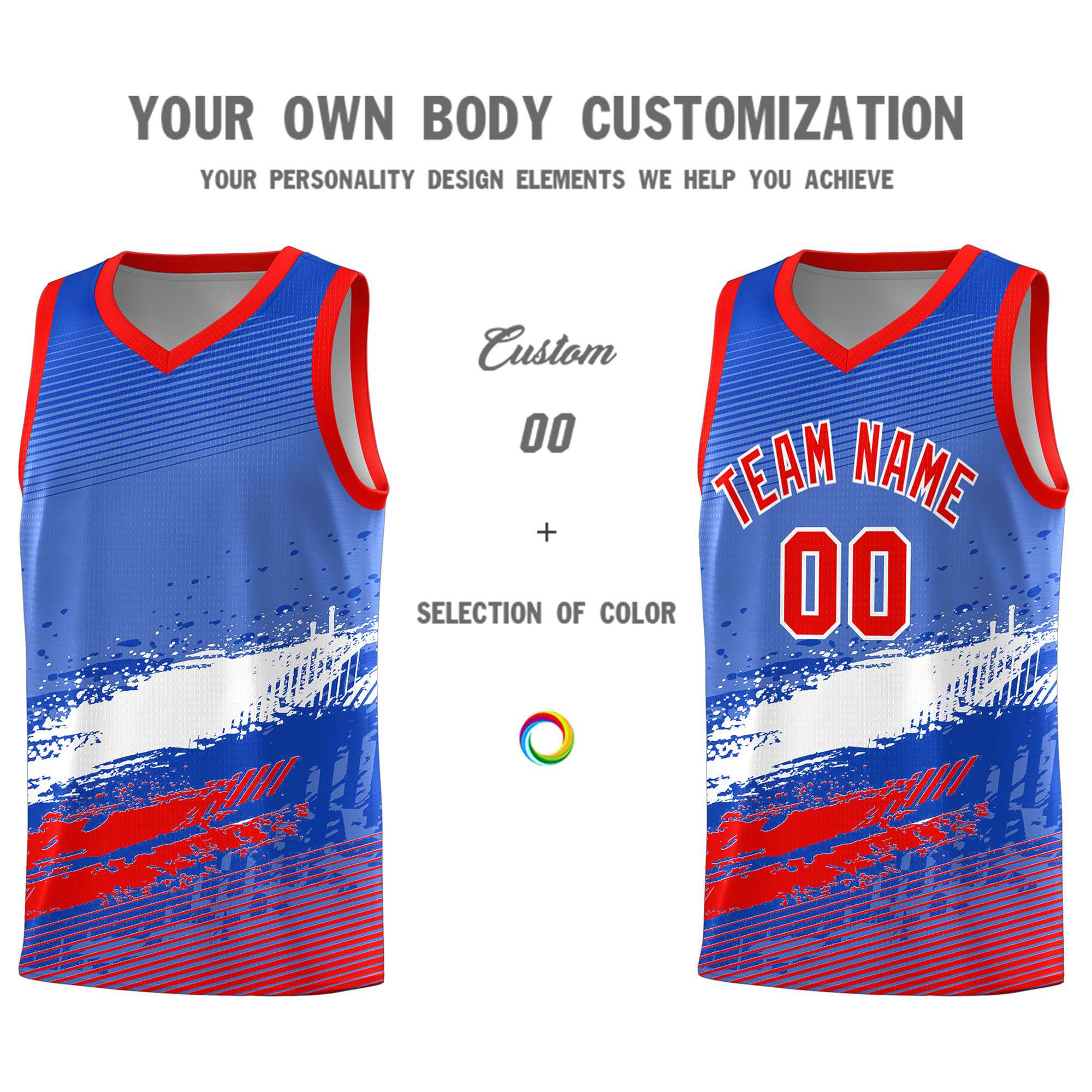 Custom Royal White and Red Graffiti Pattern Sports Uniform Basketball Jersey