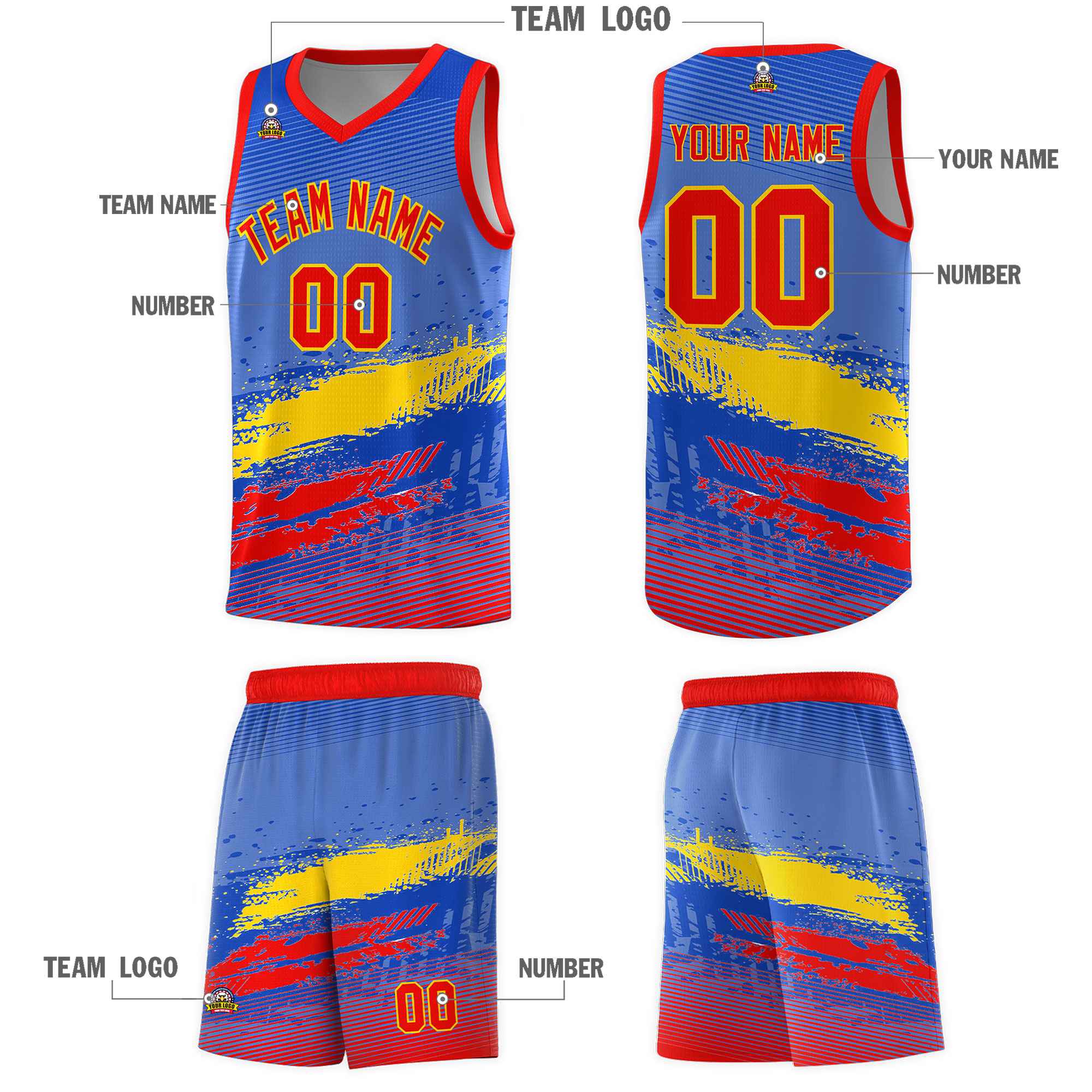 Custom Royal Gold and Red Graffiti Pattern Sports Uniform Basketball Jersey