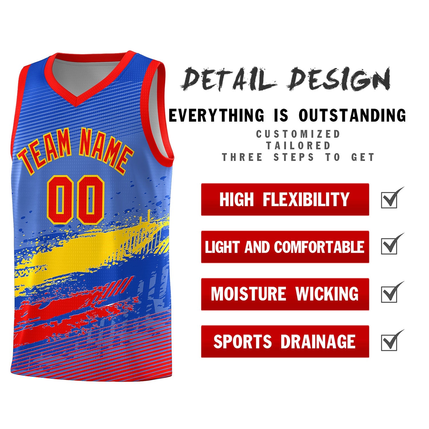 Custom Royal Gold and Red Graffiti Pattern Sports Uniform Basketball Jersey