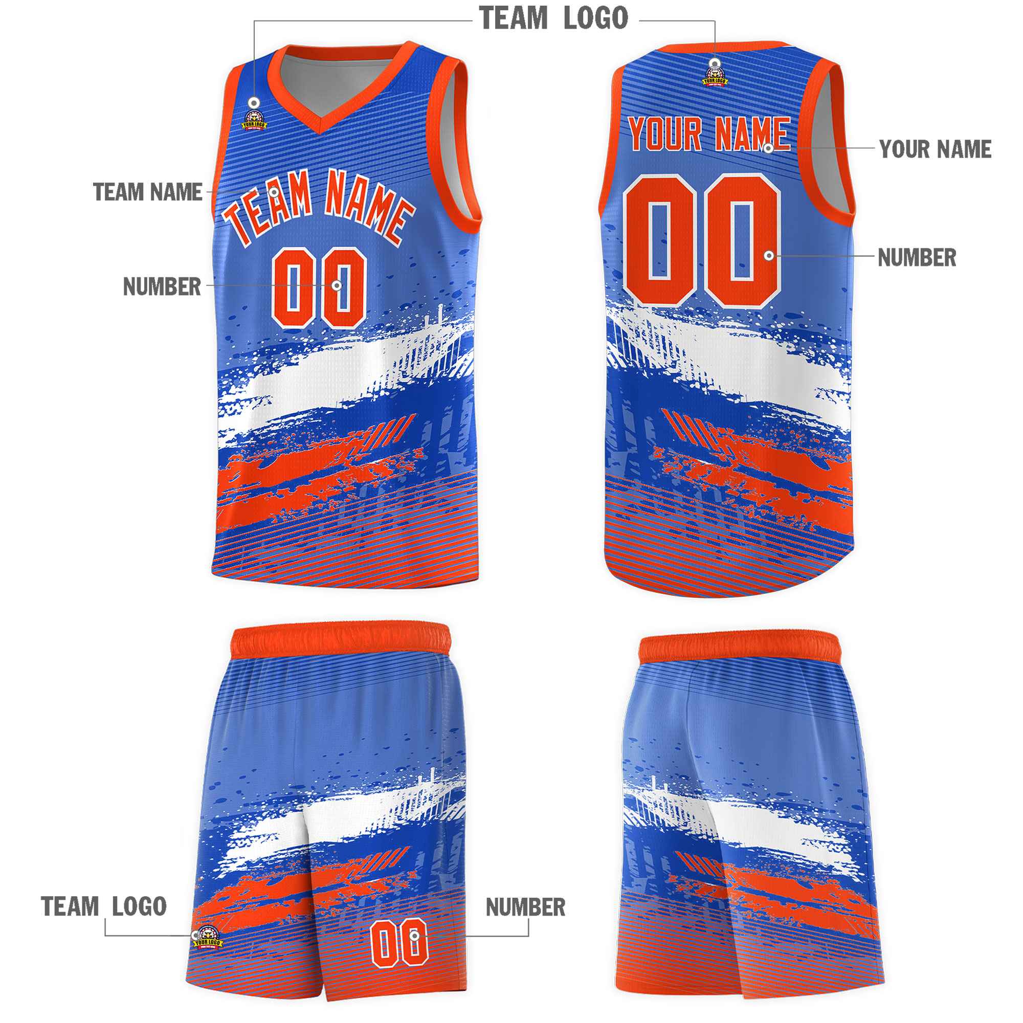 Custom Royal White and Orange Graffiti Pattern Sports Uniform Basketball Jersey