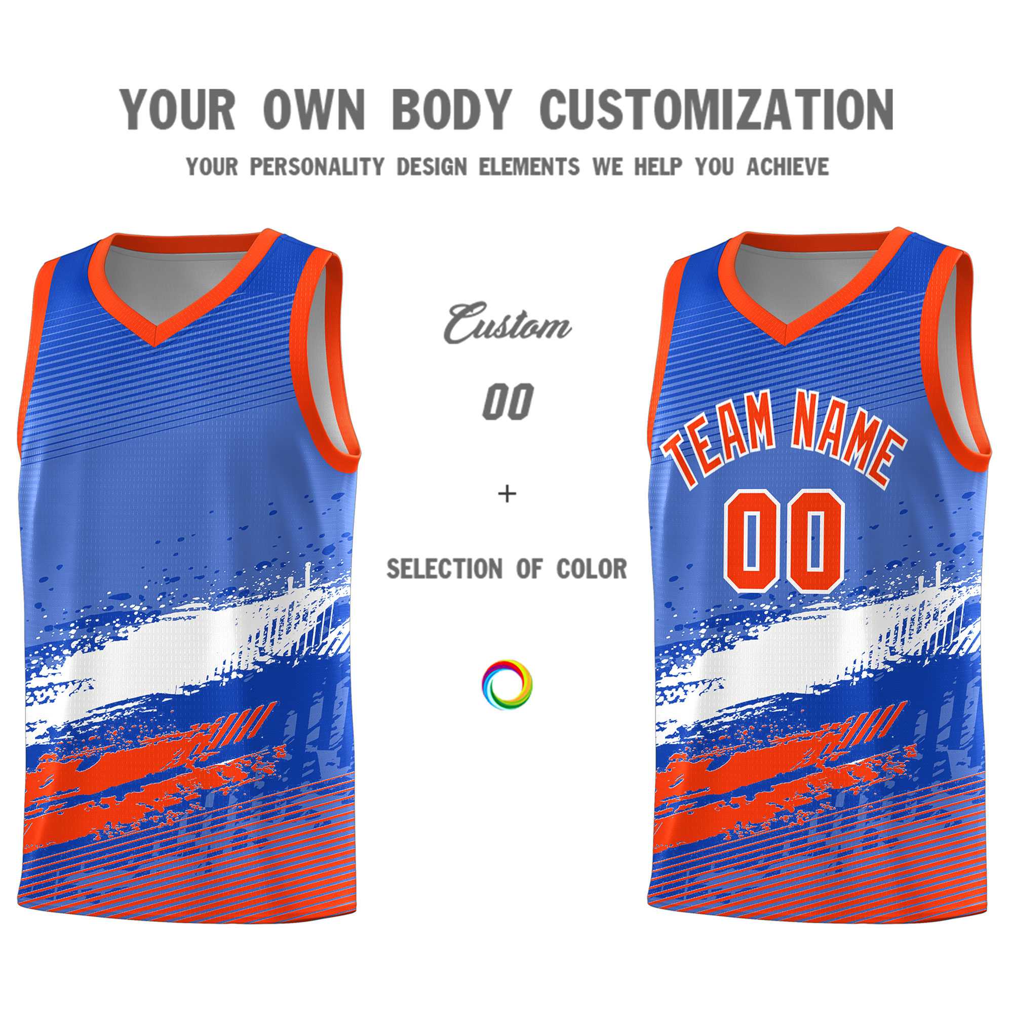 Custom Royal White and Orange Graffiti Pattern Sports Uniform Basketball Jersey